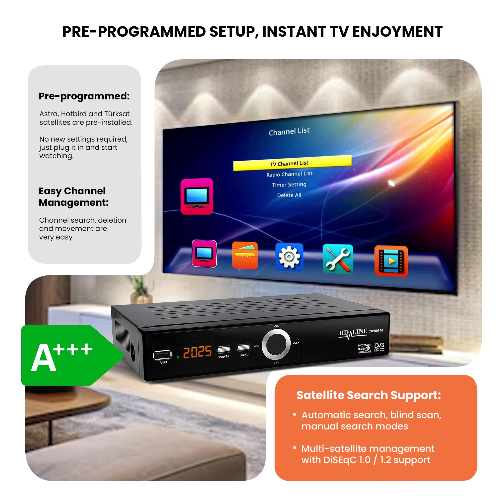 Hd-line 20900 Receptor satélite DVB S2 para satélites Digitales Sat (DVB-S/S2, HDMI, SCART, 2 x USB 2.0, Full HD 1080p) (preprogramado para Astra Hotbird y Türksat)