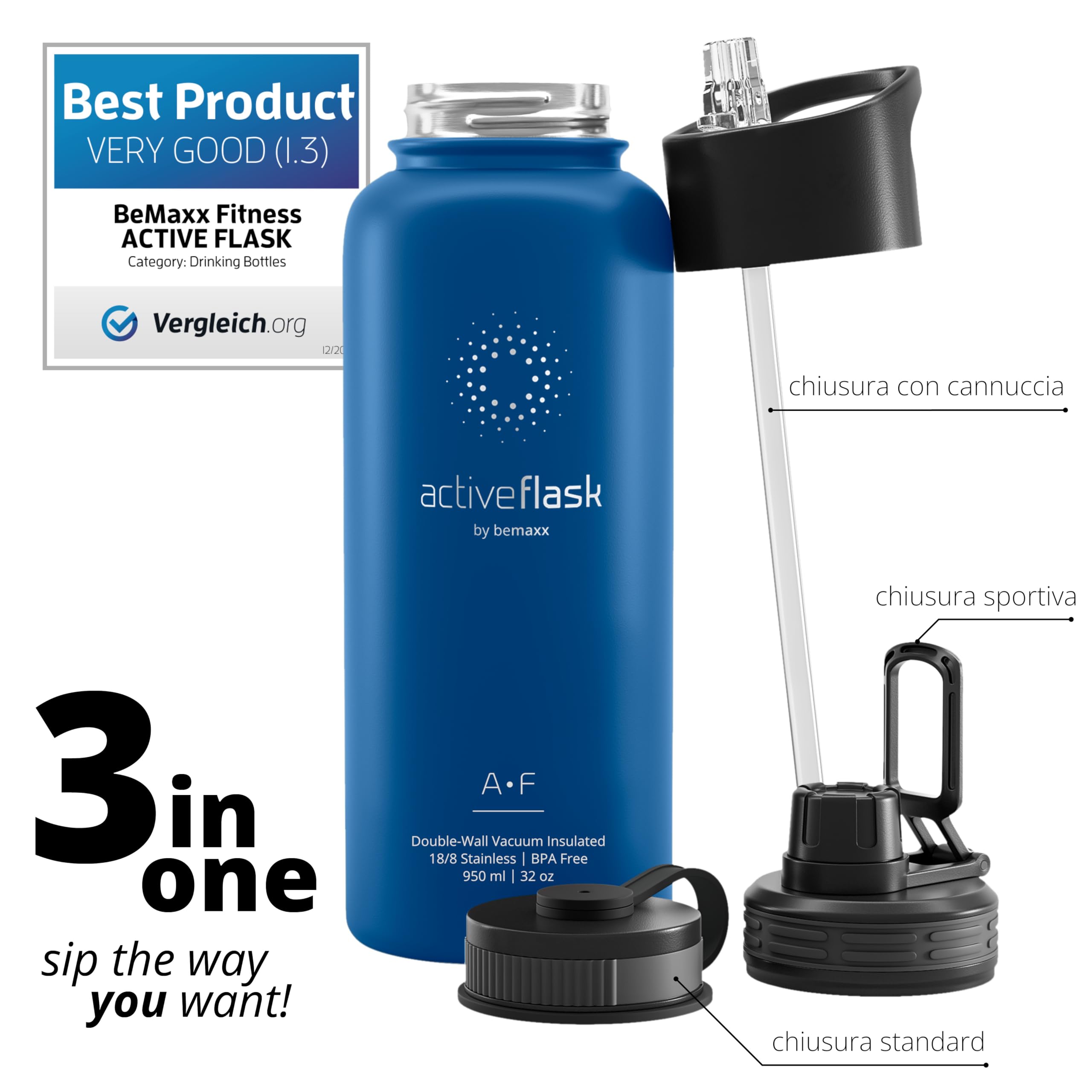 Bottiglia Acqua Termica INOX ACTIVE FLASK + Cannuccia (3 Tappi), Senza BPA, 1l/500ml | Borraccia Isotermica Acciaio - Caldo/Freddo, Ufficio Outdoor Sport Bicicletta viaggio fitness, Caffe Te