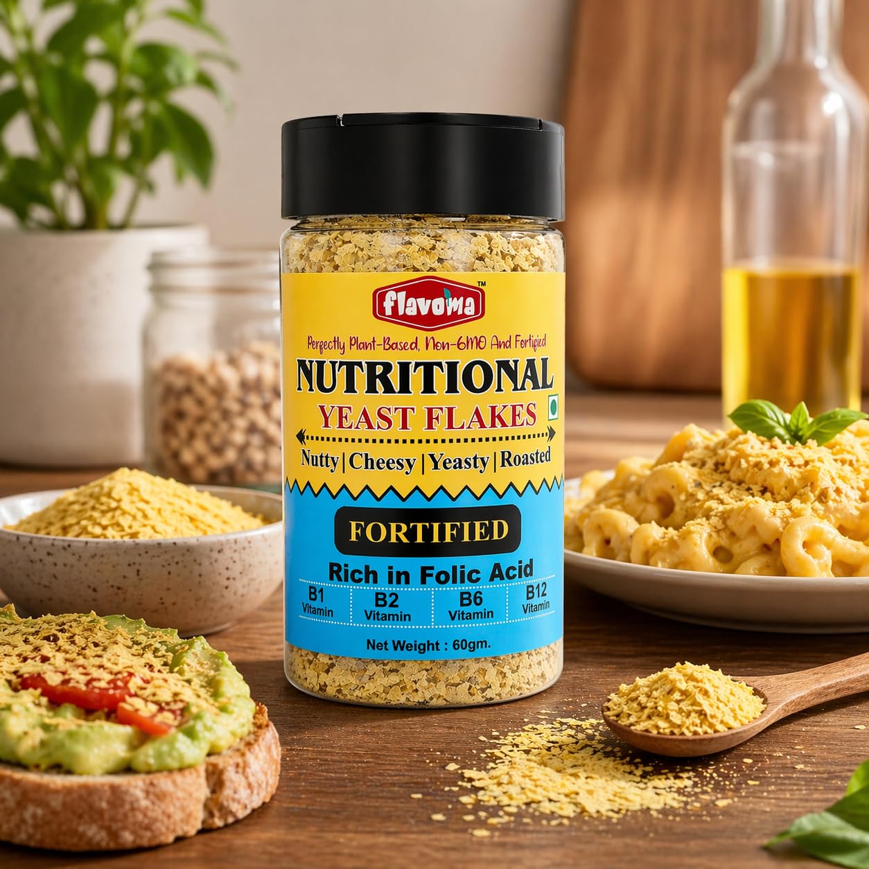 Flavoma Nutritional FORTIFIED Yeast Flakes 60gm (Rich in Vitamin B1, B2, B6, B12), Source of Folic Acid, Gluten-Free, Vegan Cheese Flavor | Plant Based Seasoning for Cooking, Baking, and Snacks 1