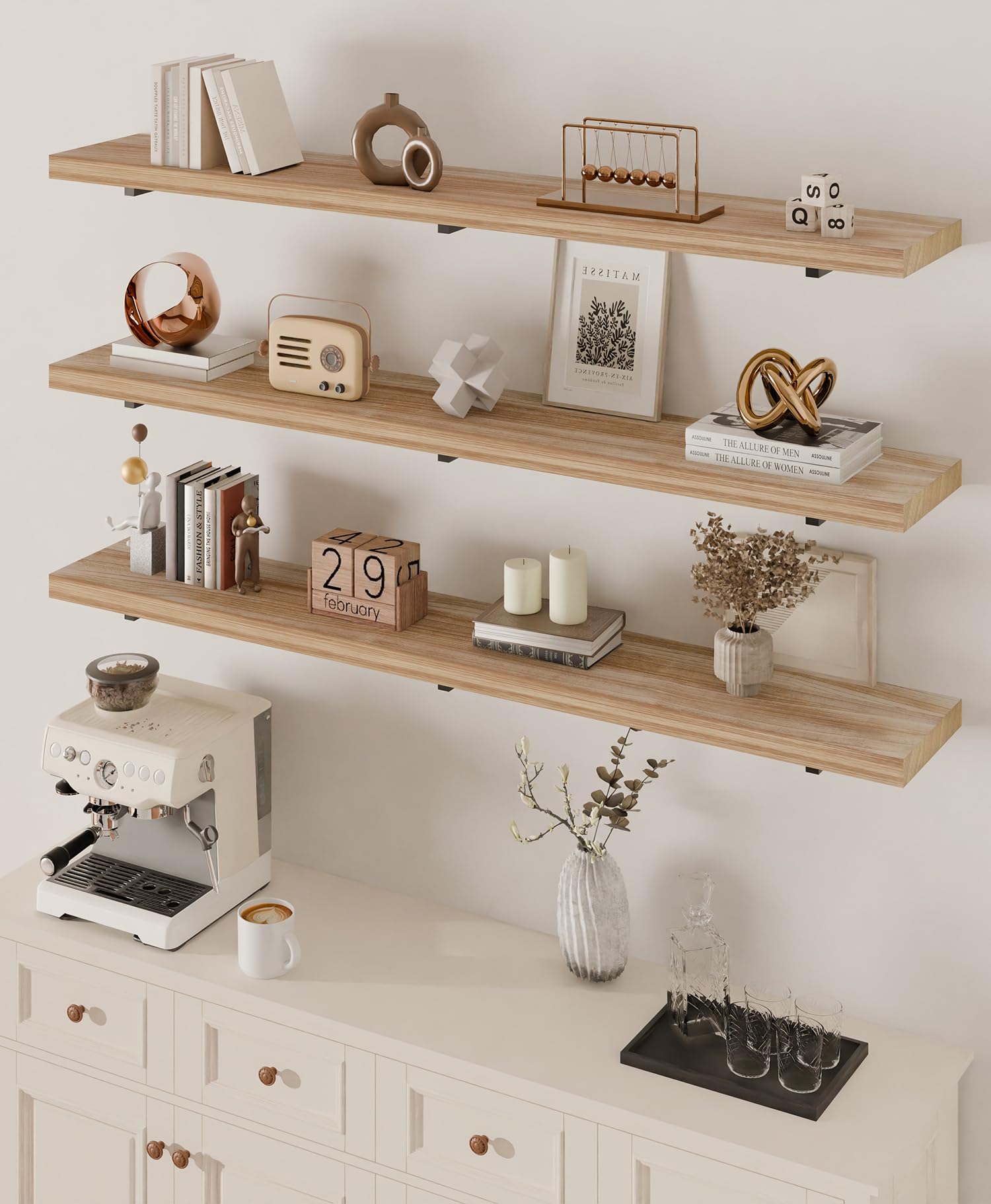 ONOTETUT 152cm Long Wall Shelves, Long Floating Shelf for Wall, Large Shelves with Metal Brackets, Farmhouse Bookshelf for Living Room, Bedroom and Bathroom (Brown, 152cm Set of 3)