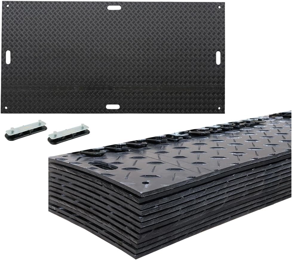 Mytee Products 12 Pcs Ground Protection Mats - Black, 3' x 8', Heavy Equipment Mats w/ 22 Pcs Single Connectors