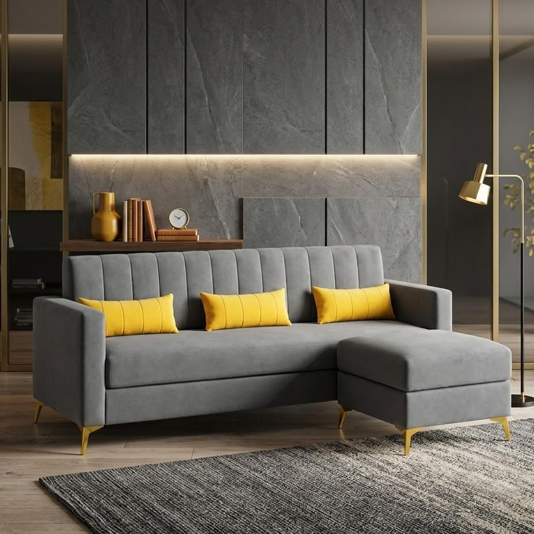 Alvaro Hayden 4 Seater L Shape Sofa Set with Ottoman, Velvet Fabric Sectional Sofa for Living Room, Space Saving Furniture for Home & Office - Dark Grey-image-39