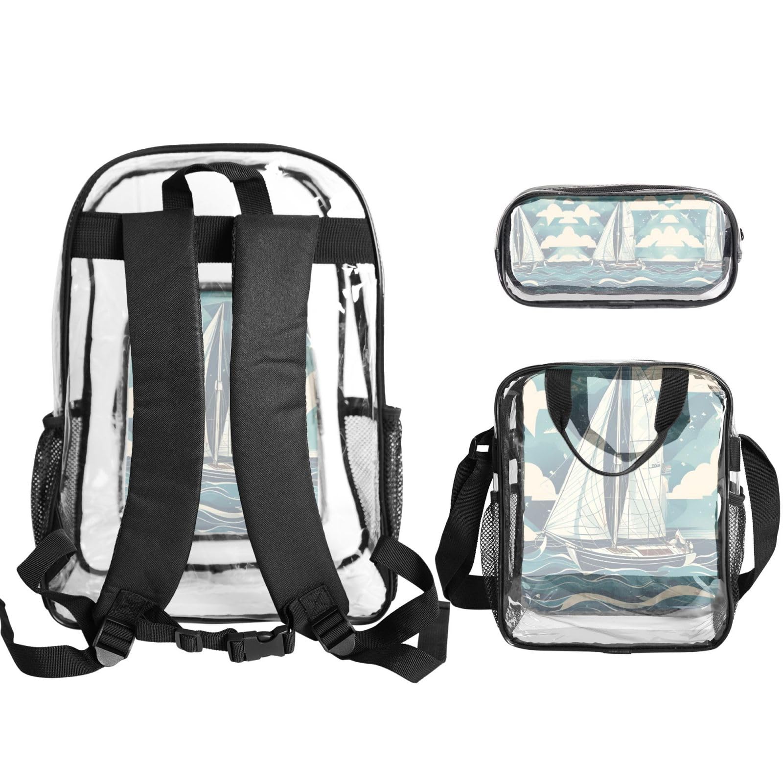 Ocean Sailboat Zaino Stampato Set 3 in 1 Trasparente Borsa Set Per Scuola Lavoro Stadio Eventi E Trasporto quotidiano