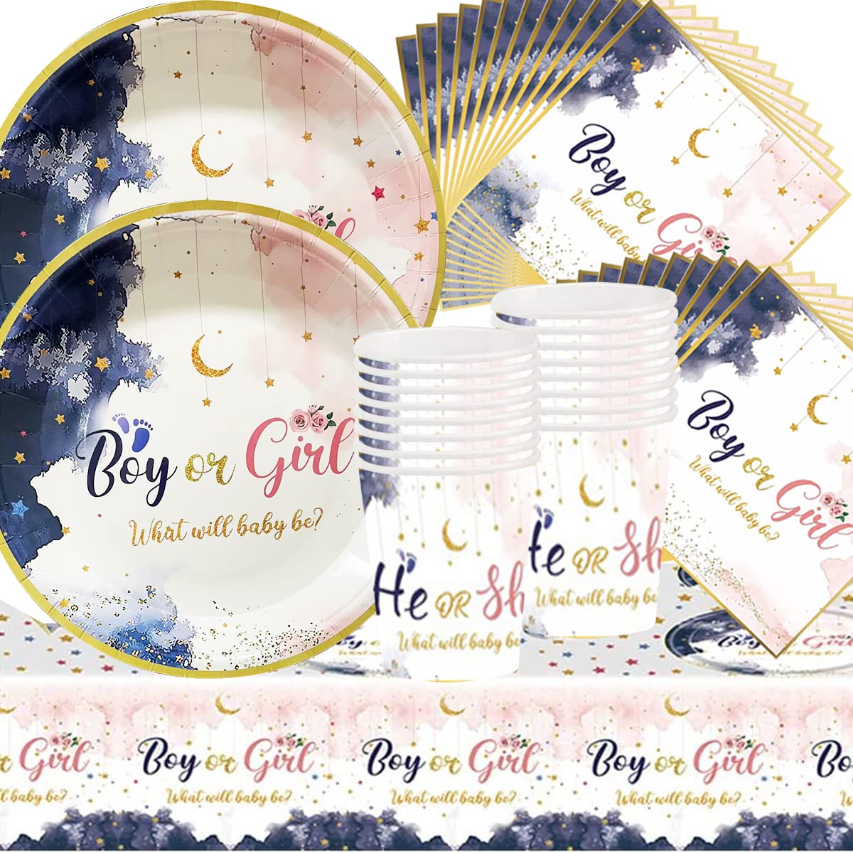 Doyomtoy Boy or Girl Plate Party Tableware Set, 53 Pieces Reveal Party Supplies Cups, Napkins, Tablecloth, for Children's Birthday Party Decoration, Baby Shower