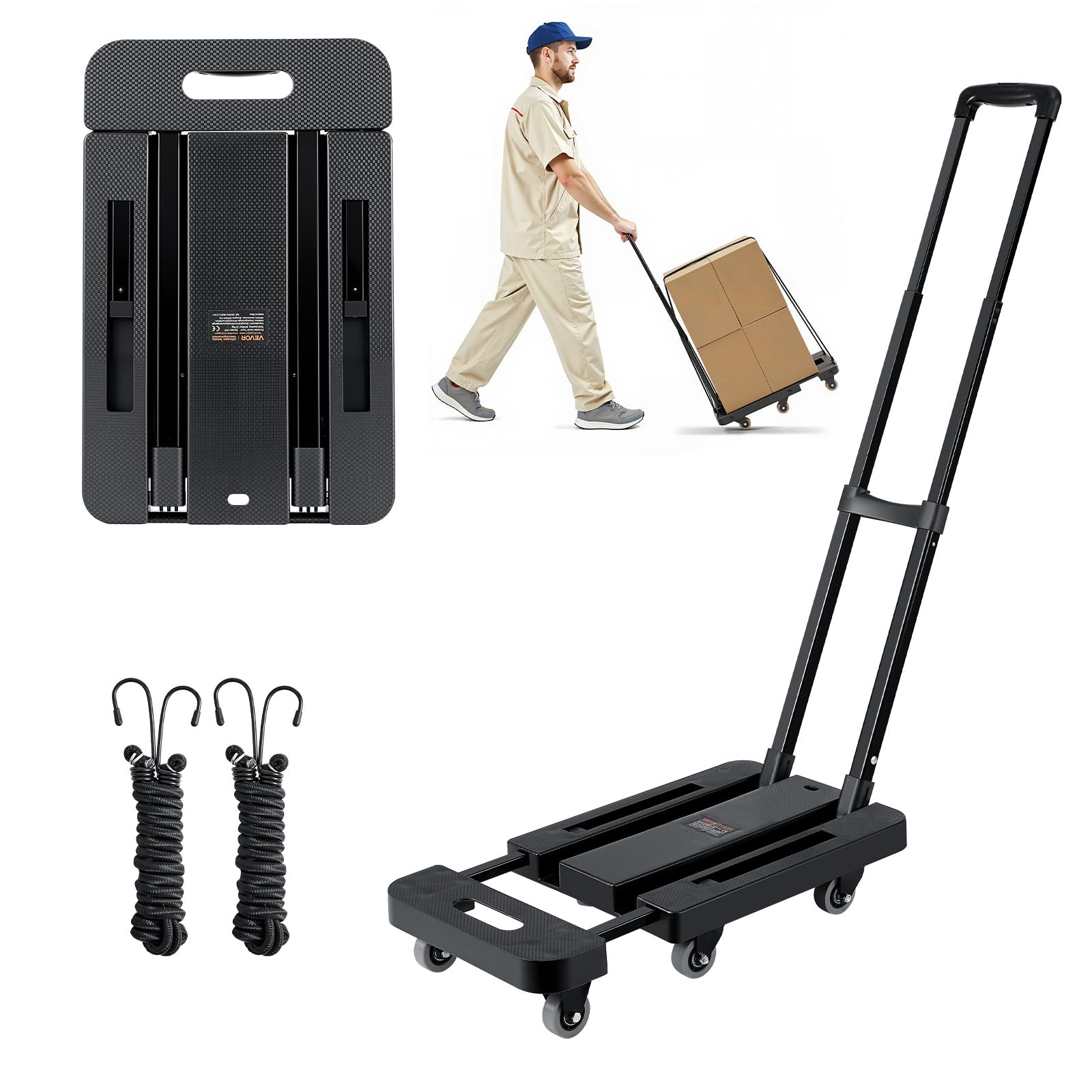 VEVOR Carrello a Mano Pieghevole, Capacità di Carico di 226,​8 kg, Carrello Portabagagli Pieghevole con 6 Ruote, 2 Corde Elastiche e Base Espandibile, Multiuso per Trasporto Bagagli