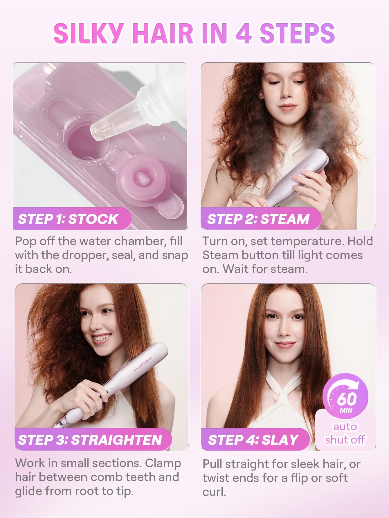 SHEGLAM Dampf-Glätteisen, Keramik-Glätteisen 38 mm | Nano-Dampf Anti-Scald, 90% weniger Hitzeschäden, 3 Dampfstufen, 3 Kämme für 2B-4C, Dual Voltage, langer Halt