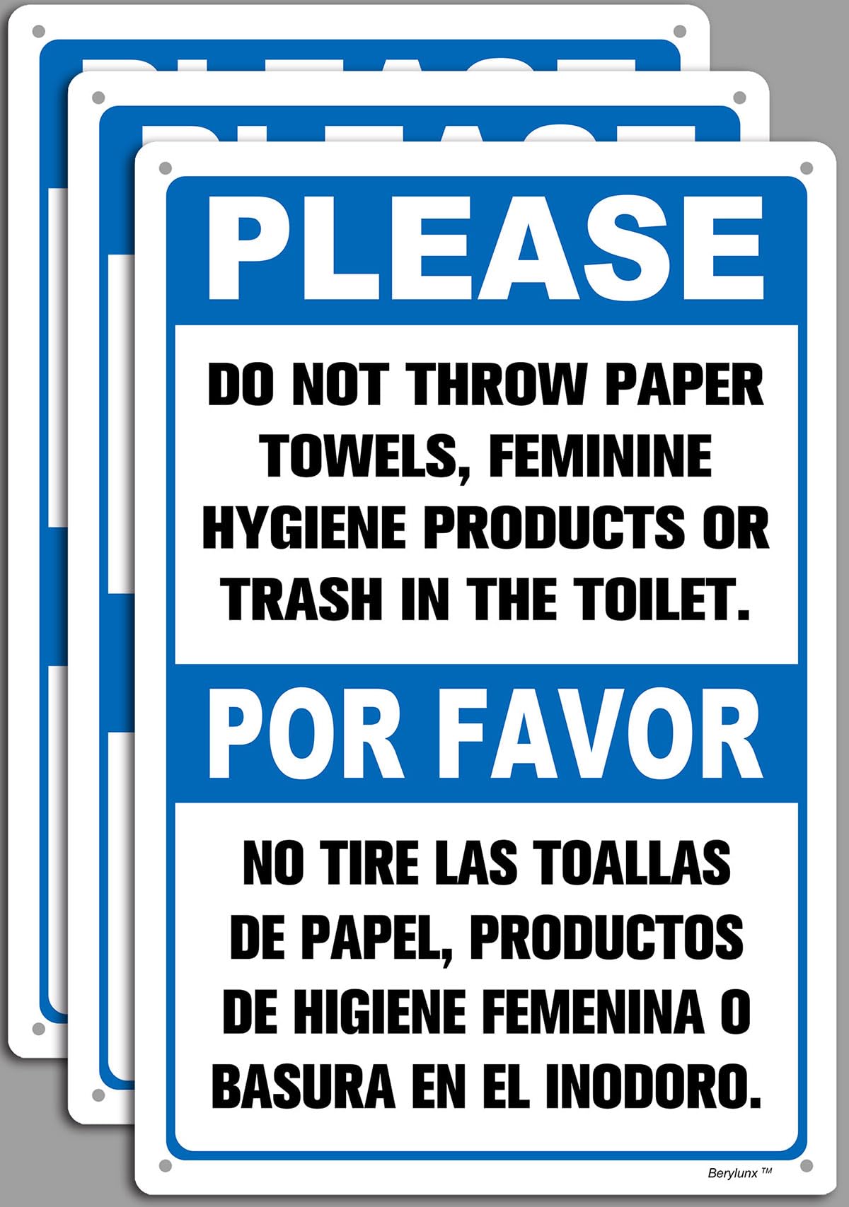3 Pack 8" x 12" Please Do Not Throw Paper Towels, Feminine Hygiene Products or Trash in the Toilet Notice Signs