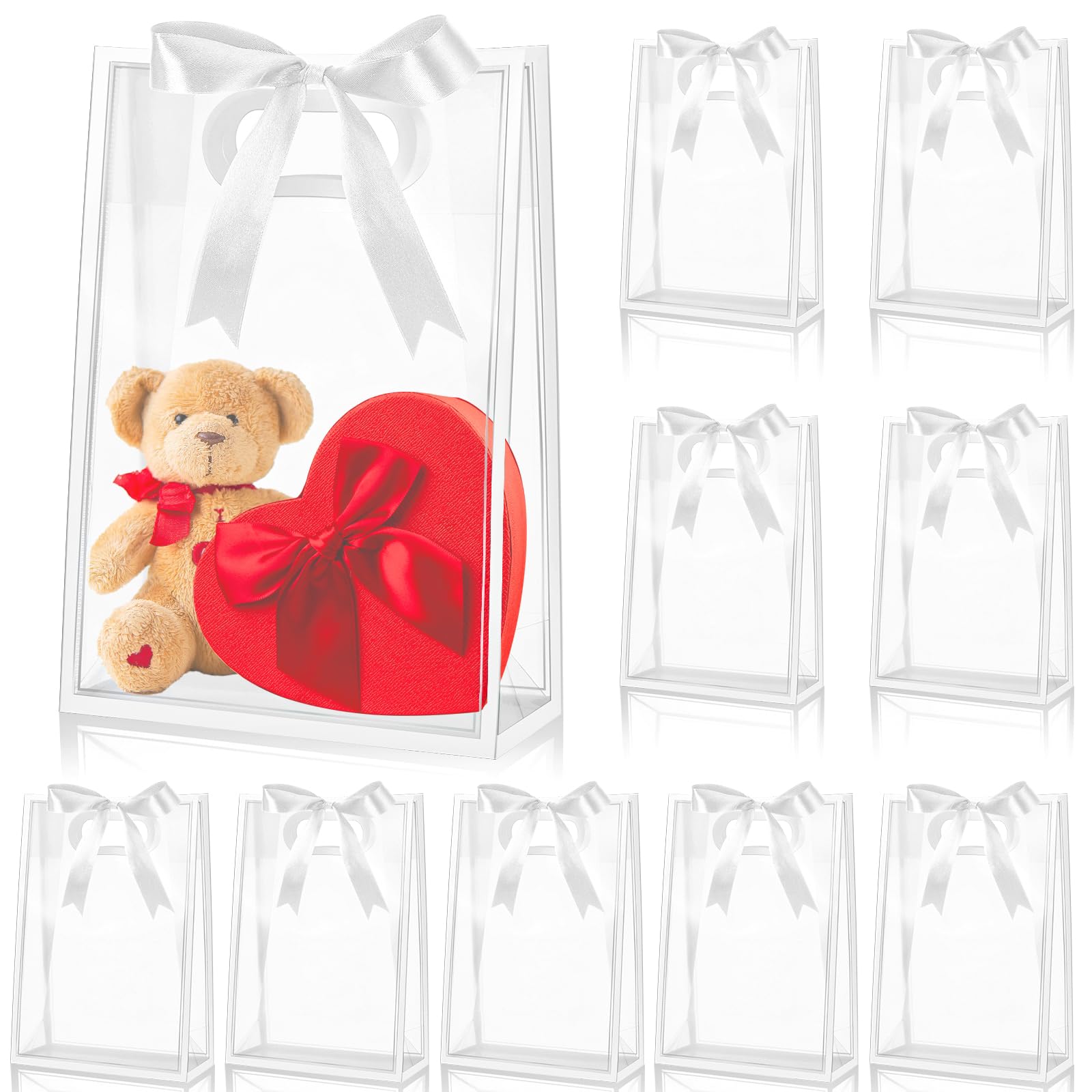 Aliceset 12 Pcs Clear Plastic Gift Bag with Die Cut Handles Reusable PP Favor Bag with Ribbon for Valentine Wedding Bridal Birthday Baby Shower Party