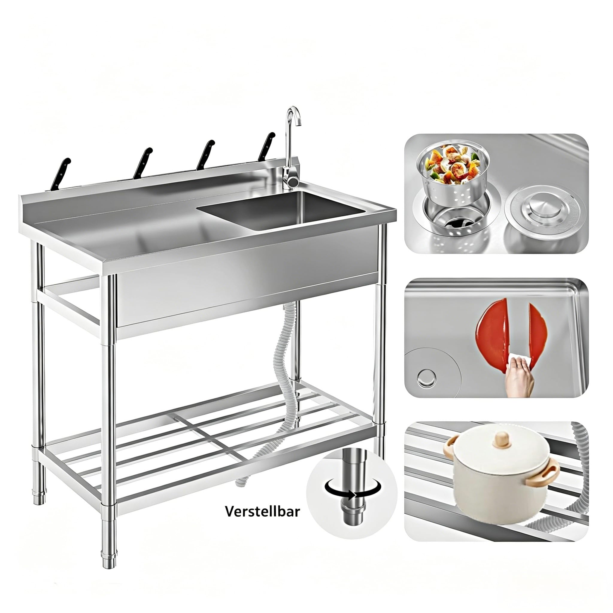 GarveeLife Freistehend Edelstahl Multifunktionswaschtisch, freistehend, große Arbeitsfläche, für Waschküche/Garage/Hauswirtschaftsraum, 120x50x96cm