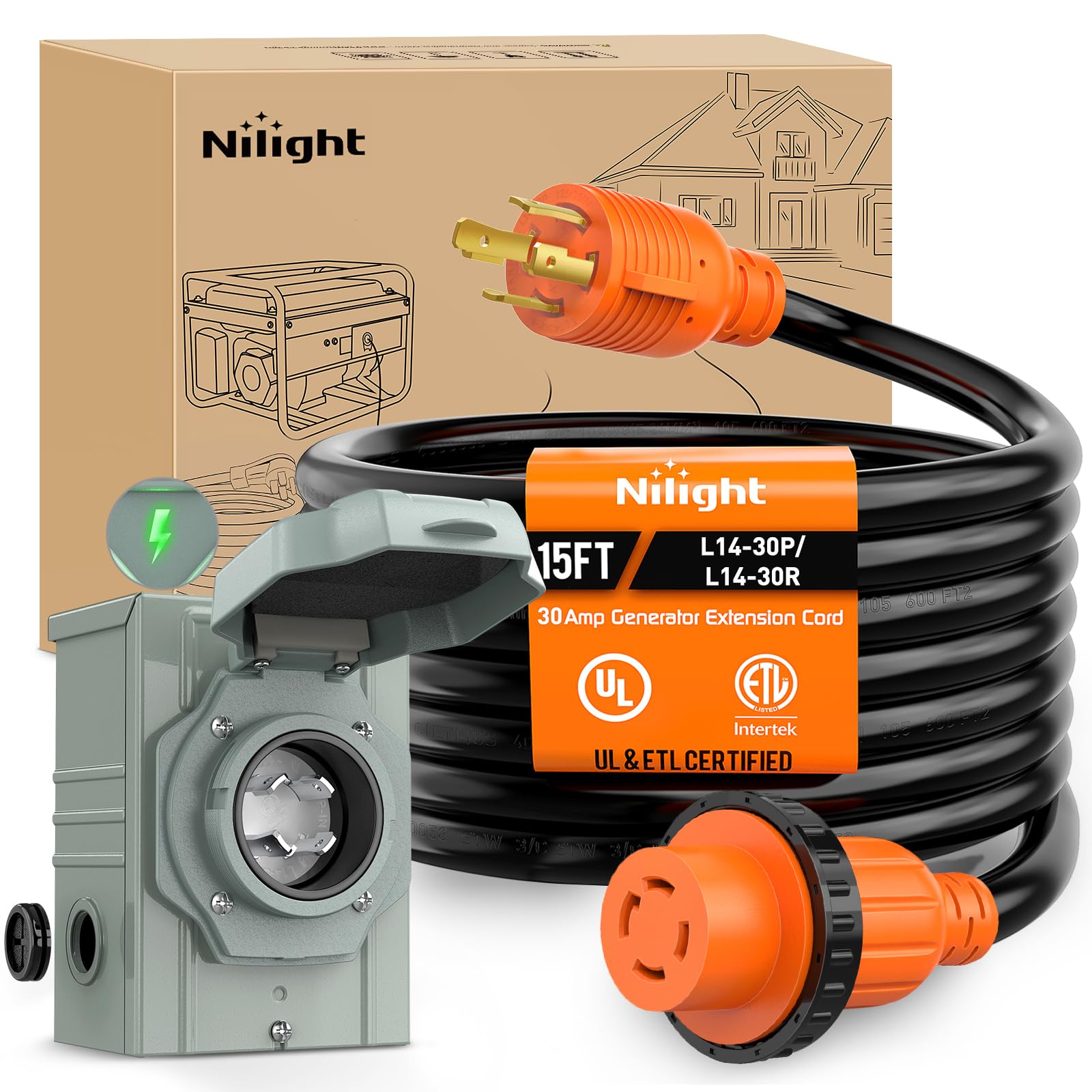 Nilight 30A 15FT Generator Extension Cord Power Inlet Box for RV Camper