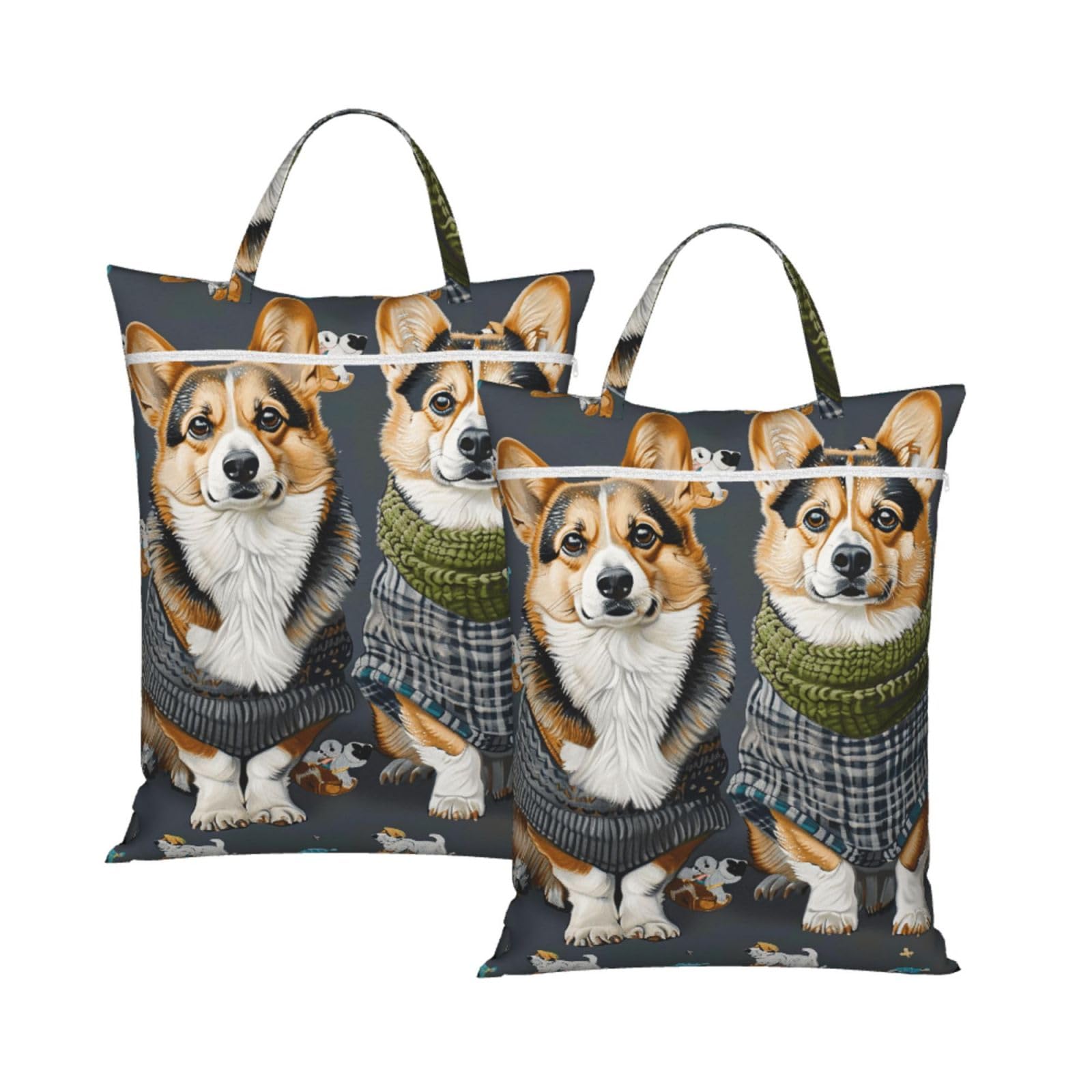 Large Travel Laundry Bags,Wearing Clothes Corgi Dogs Print with Handle Foldable Laundry Bag for Holidays Gym Swimming and Family Trips, 2Pcs