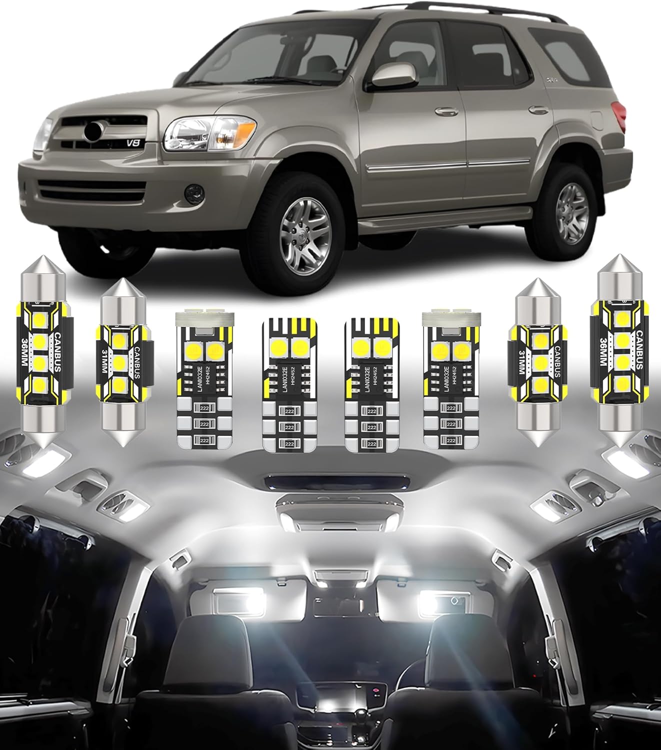 BMT xms Car Interior LED Light Replacement for Toyota Sequoia 2001-2007,6000K Super Bright Interior Light Bulbs Package, 18pcs
