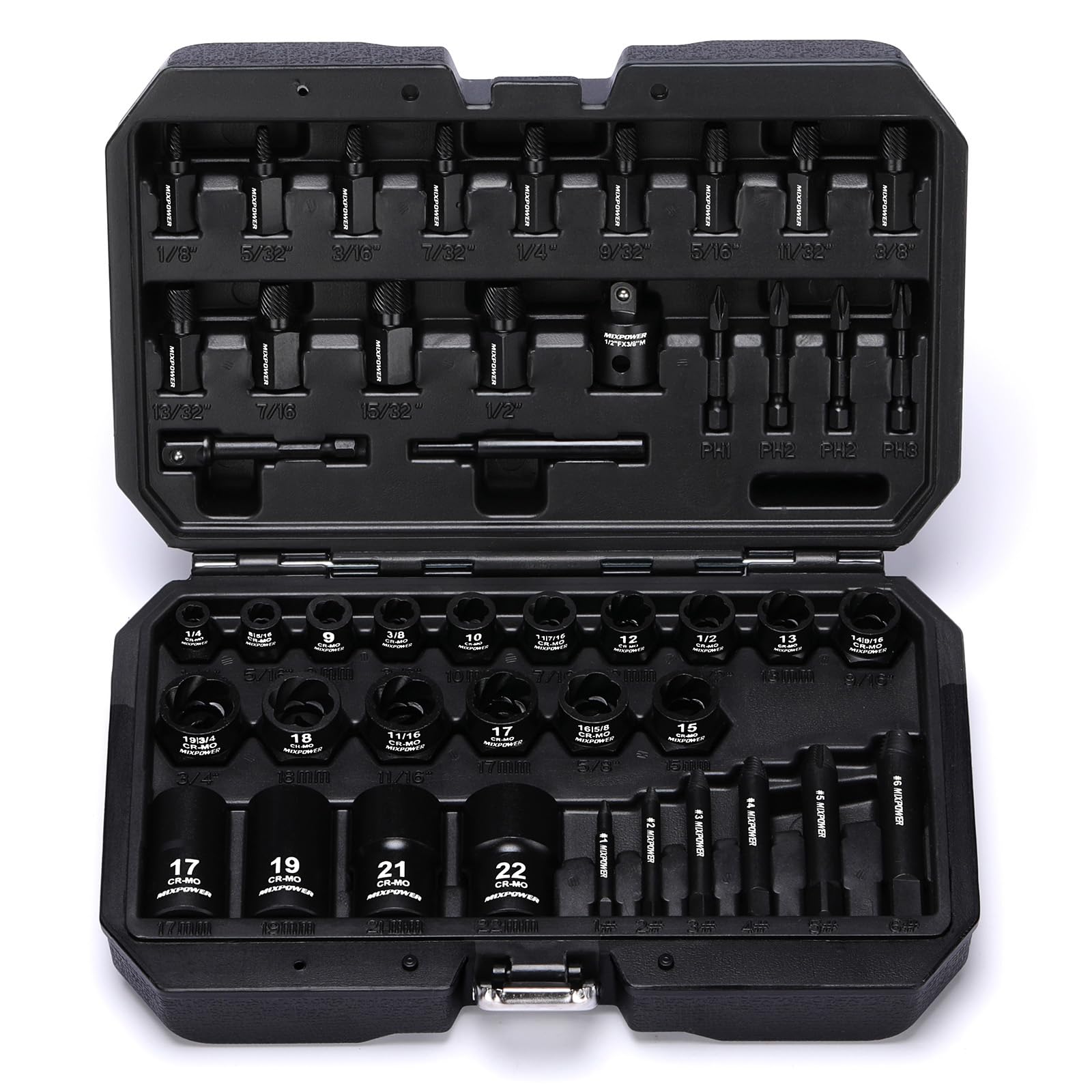 MIXPOWER Set di 46 estrattori per bulloni a percussione, kit di attrezzi per la rimozione di bulloni e dadi, estrattore di bulloni spogliati per viti e bulloni danneggiati