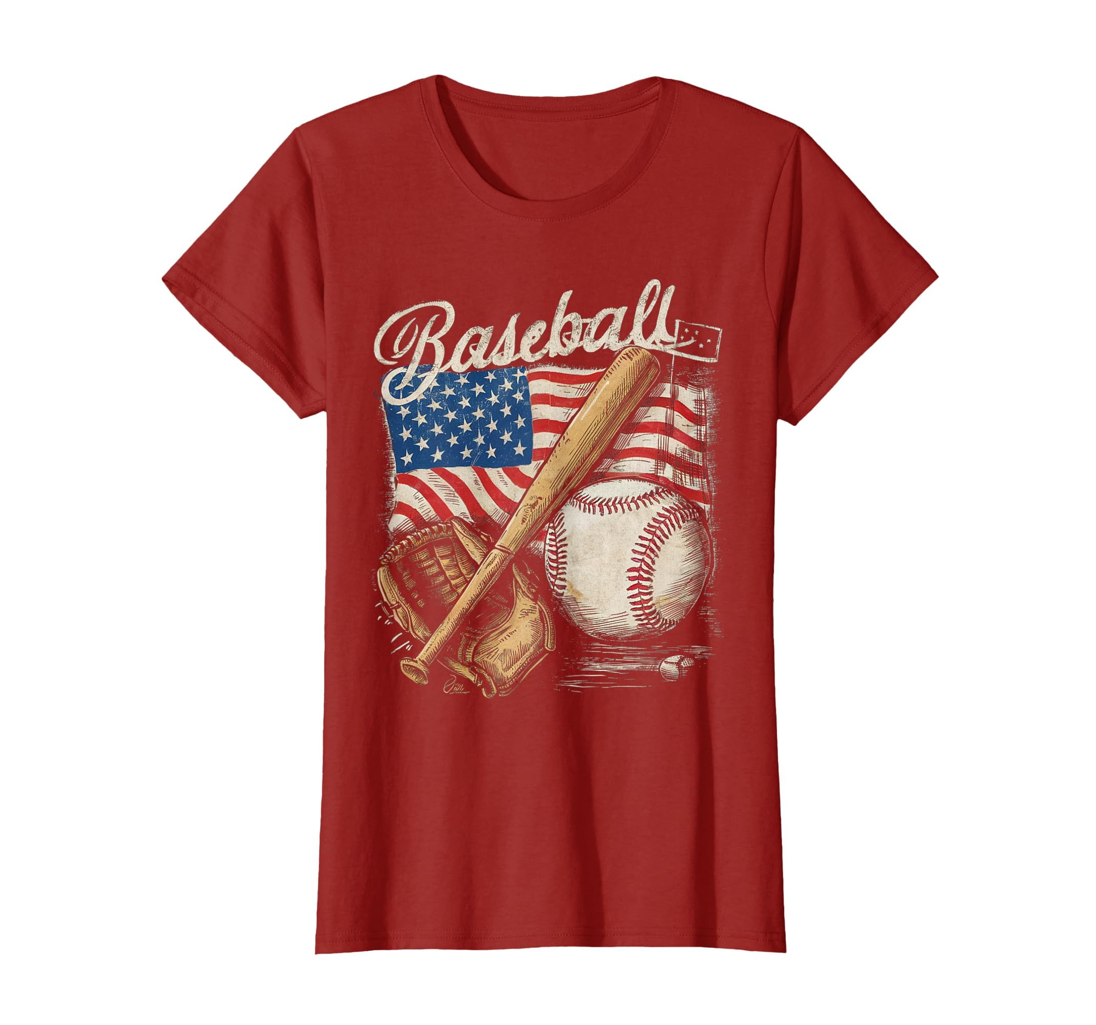 American Flag Baseball Player Bat Fan Catcher Pitcher USA T-Shirt