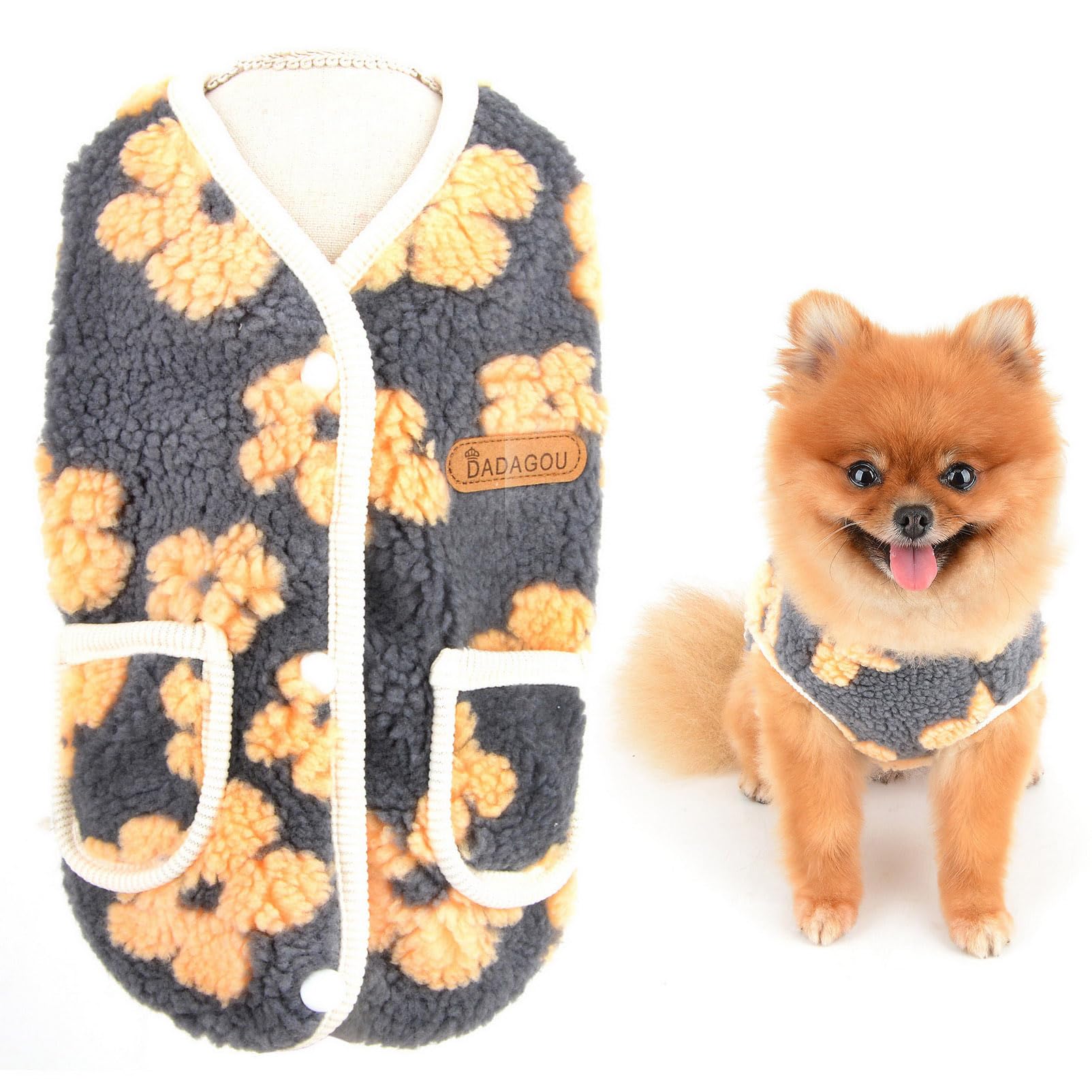 SMALLLEE_LUCKY_STORE Floral Dog Sweater Fleece Vest Fall Winter Warm Sweatshirt Jacket for Small Dog Girls with Pockets Cat Apparel Puppy Yorkie