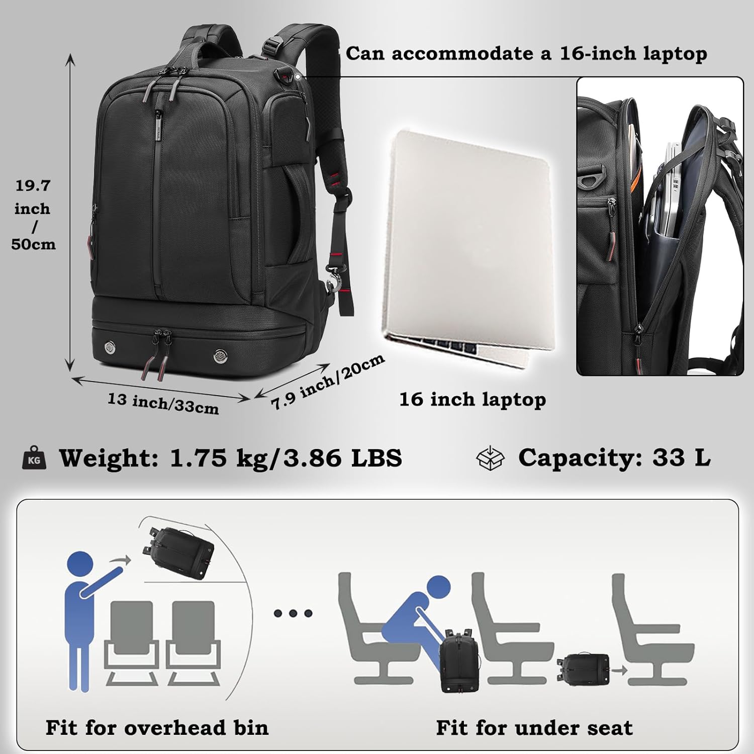 Somago 16 Inch Laptop Backpack Water Resistant Carry On Daypack Backpack Anti Theft Travel Rucksack Backpack with Shoe Compartment Shoulder Strap for Men Women, 33L (Black) - Image 6