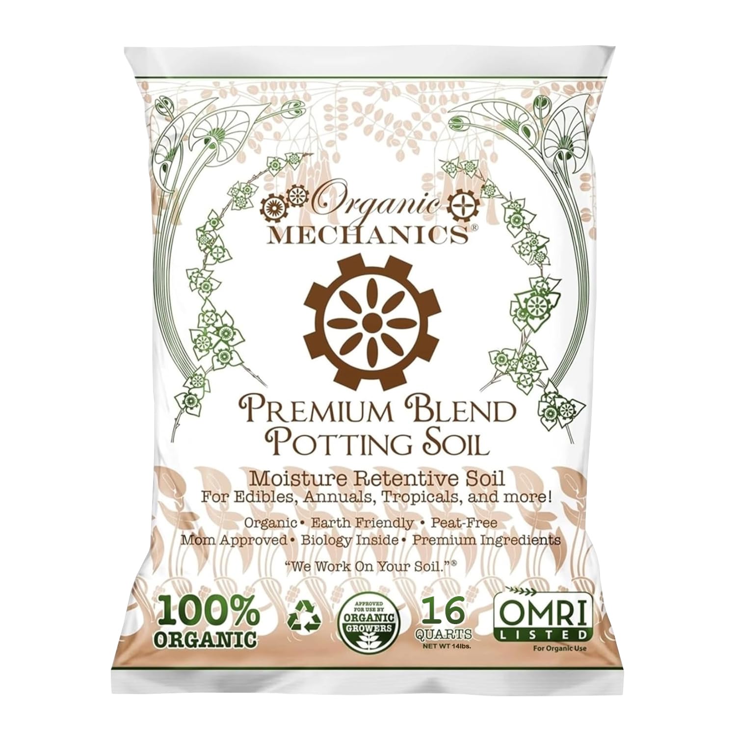 Organic Mechanics Premium Blend Potting Soil, 16 qt - Moisture-Retentive, Peat-Free, Compost - Enriched Mix with Worm Castings & Perlite for Houseplants, Annuals, Veggies & Tropical Plants