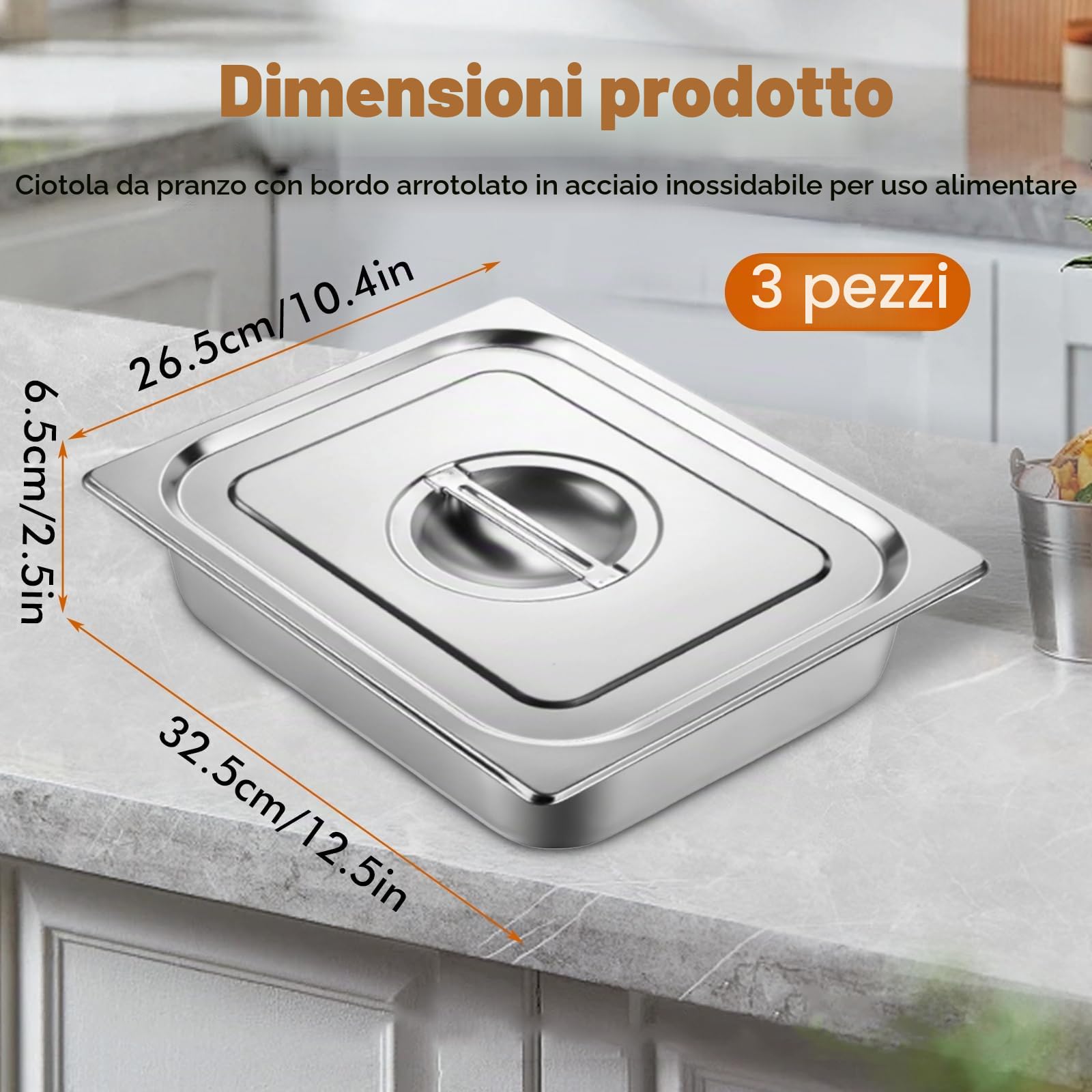 3 Pezzi Vassoio in Acciaio Inox,Teglia Forno Rettangolare con Coperchio,Contenitori per Alimenti Inox,Ciotole per Impanare Inox,Vassoio Acciaio Inox per Marinare Carne,Cotoletta,32,5x26,5x6,5cm