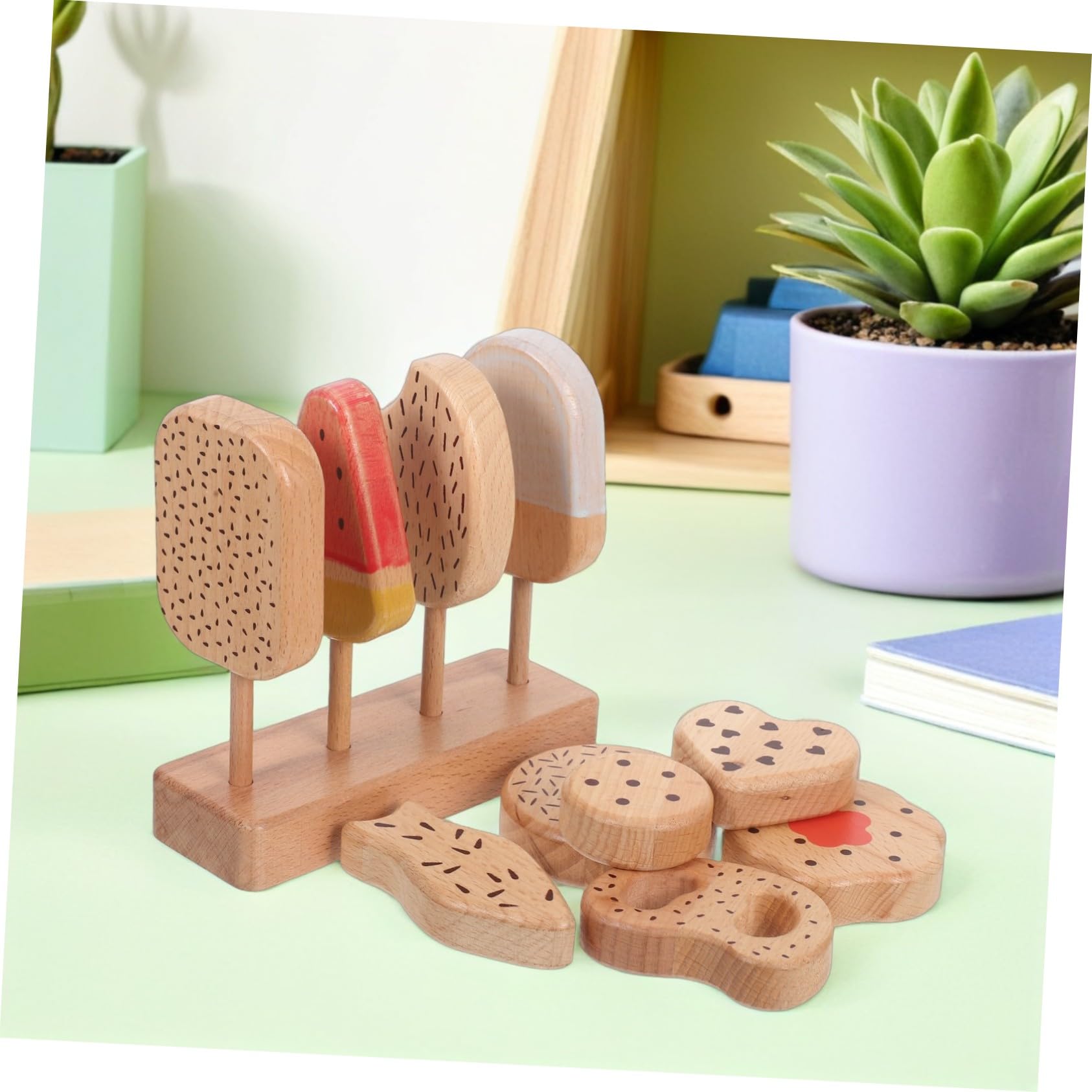 VANZACK Giocattolo di Finzione per Ragazzo Ragazza Gelato e Ciambelle in Legno Set da Cucina Simulato Accessori per Giochi di Ruolo Cibo Finto Educativo per Cucina Giocattolo