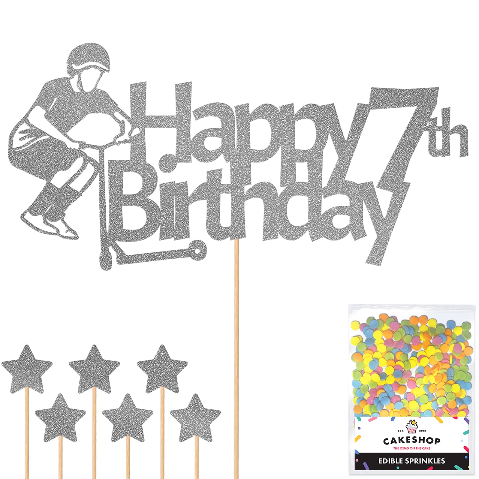 Personalised Tail Whipper Stunt Scooter Glitter Cake Topper - Dark Silver Custom Name Glitter Cake Decoration and Sprinkles - Happy Birthday Decorations - Personalised Toppers for Cakes by Cakeshop