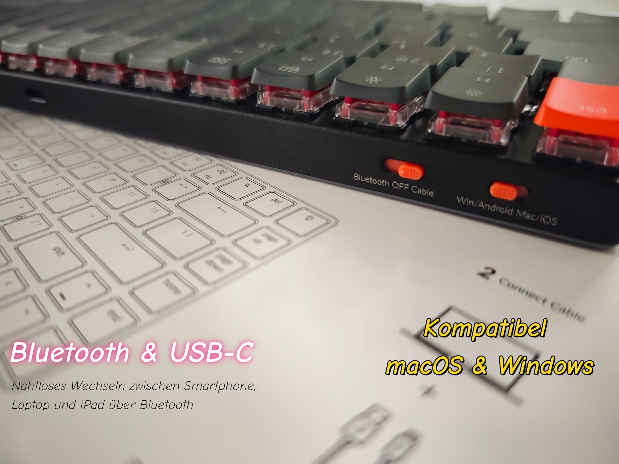 Keychron K3 Ultra-Slim Bluetooth Wireless Mechanische Tastatur, 75% ISO-DE-Layout Hot-Swap-fähig Low Profile Optischer Roter Schalter RGB Gaming-Tastatur für Mac Windows