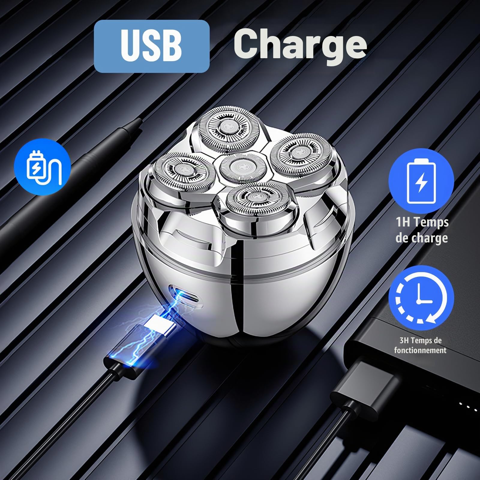 Rasoir Rotatif Homme avec Têtes 5D & Batterie USB-C | Rasoir crânien magnétique, IPX7 étanche, utilisation sèche & humide – idéal pour raser tête et tailler barbe à la maison