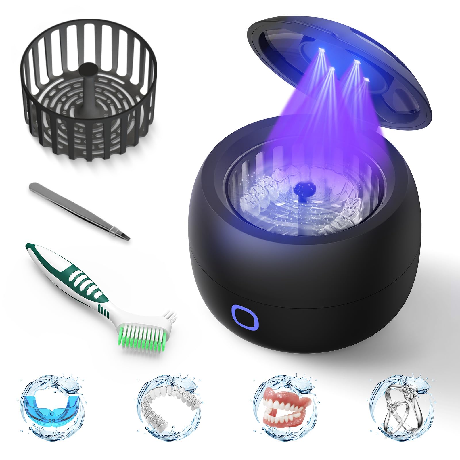 Upgraded Ultrasonic Retainer Cleaner, 45kHz Retainer Cleaner Machine for Denture Cleaner, Retainer Cleaner, Mouth Guard Cleaner, Night Guard Cleaner, Denture Cleaner with 200ML Dental Cleaning Pod Black