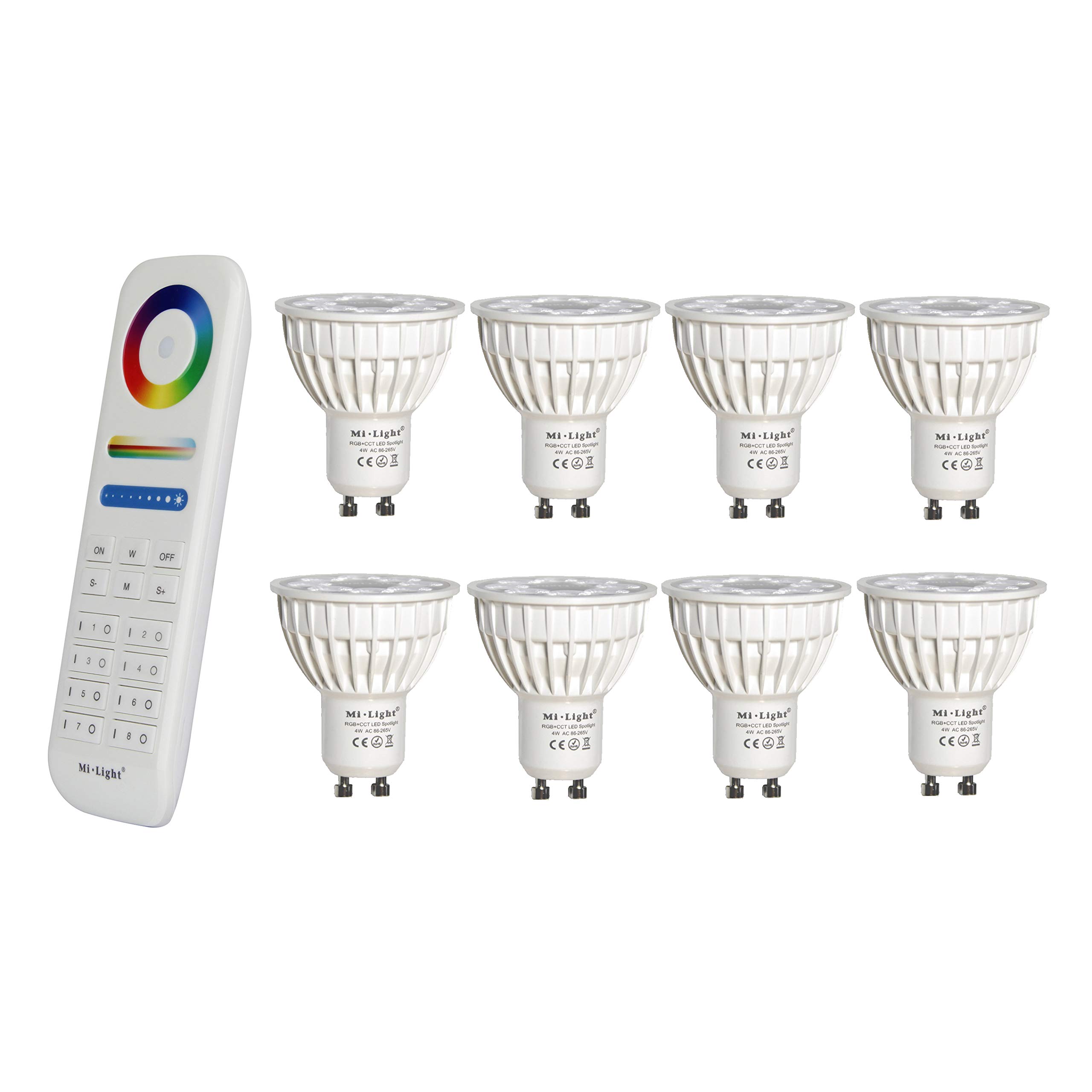 lighteu®, 8x 4W GU10 RGB + CCT LED-Strahler Farbwechsel und CCT WW CW Temperatur einstellbar, original Mi-Light, Glühlampe mit 8-Zonen-Fernbedienung (8x FUT103 + FUT089)