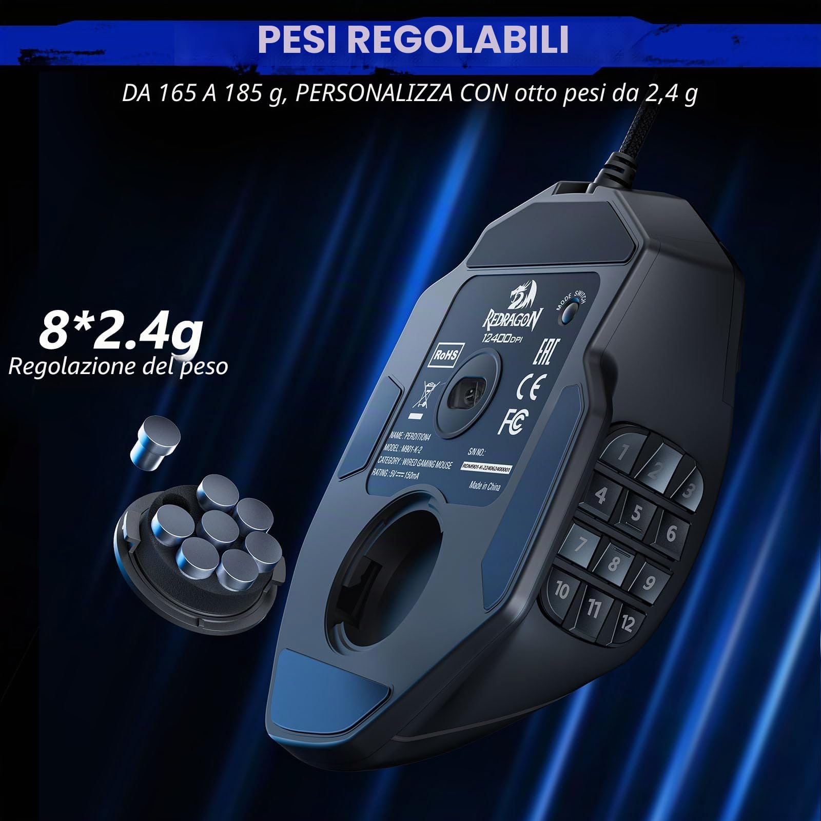 Redragon MMO Gaming Mouse UP 16,000 DPI, 16 pulsanti programmabili Macro, mouse da gioco RGB con 12 pulsanti laterali, sintonizzazione del peso 8 * 2,4 g per PC Laptop MOBA FPS, M901K, nero