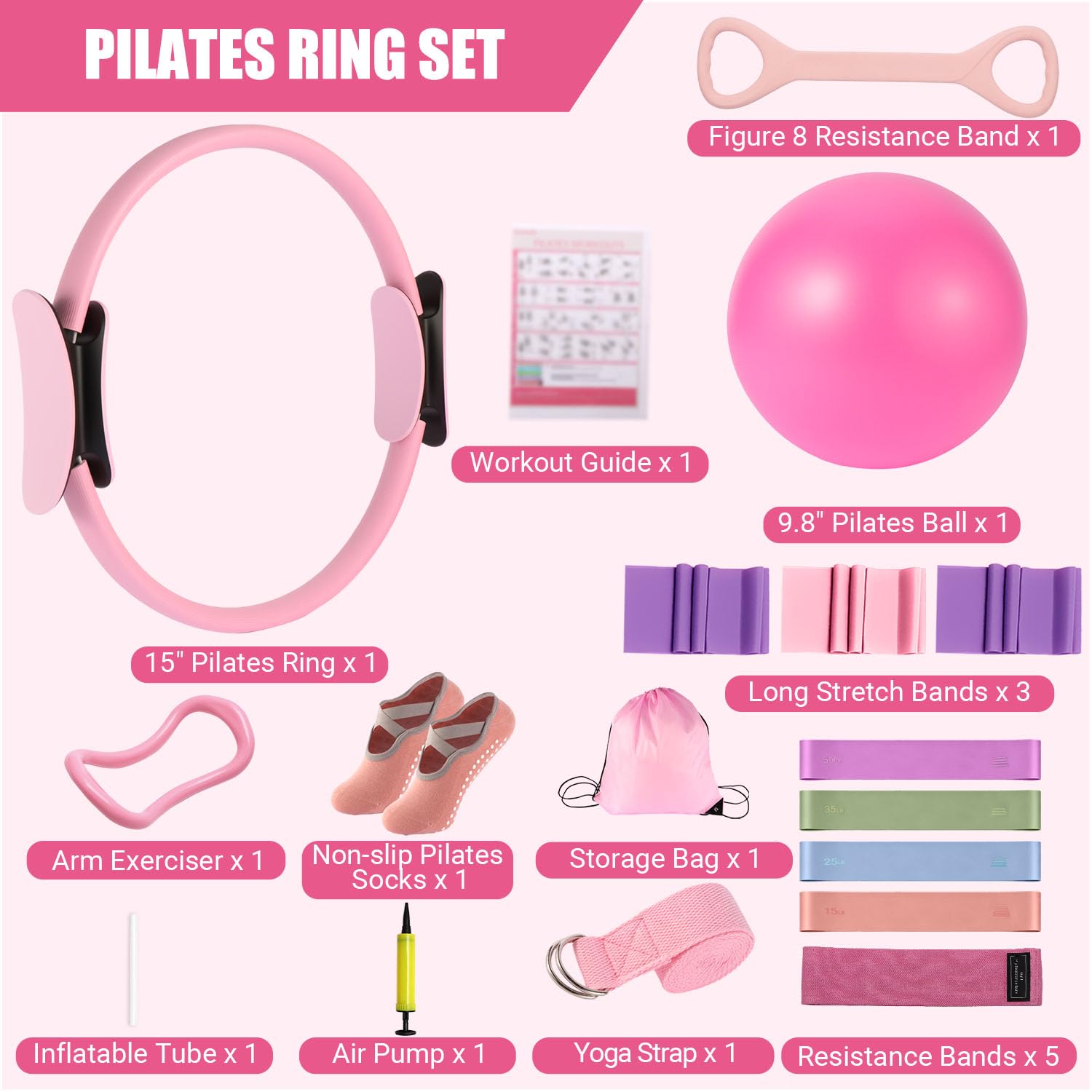 Qinkada Pilates-Set, Pilates-Ausrüstung, Heim-Set mit 38,1 cm Pilates-Ring | Workout Essentials mit Yoga-Ball, Widerstandsbänder, Figur 8, Widerstandsband, Armtrainer, Yogagurt, Socken, Tasche