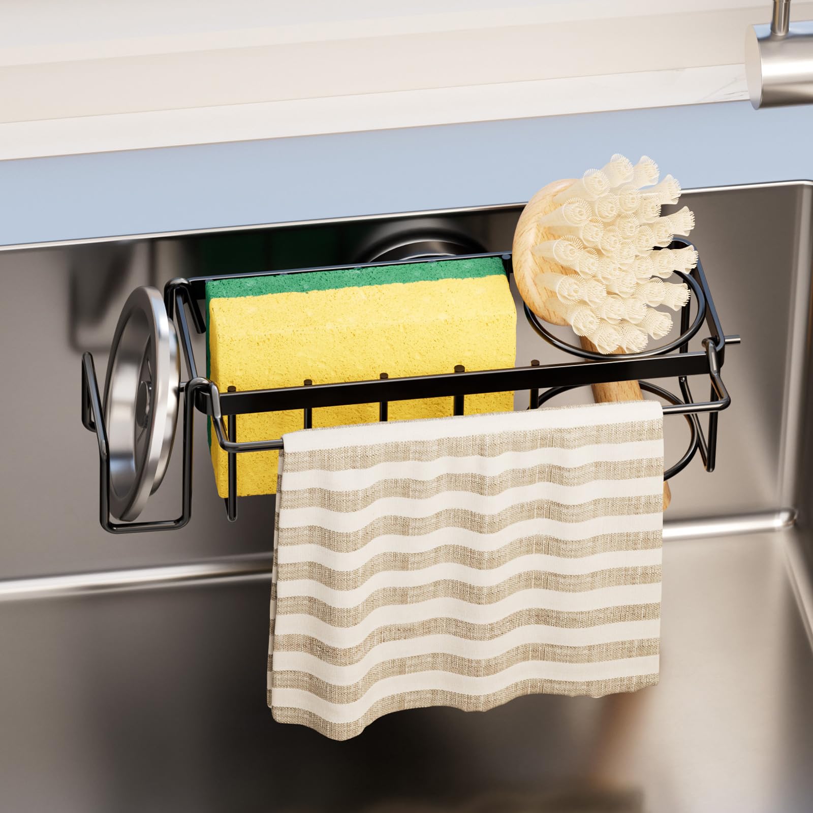 TAILI Sponge Holder for kitchen sink, 4 in 1 sink caddy with Strong Suction Cup inside kitchen Storage for Dishcloth, Brush, Stopper - Black