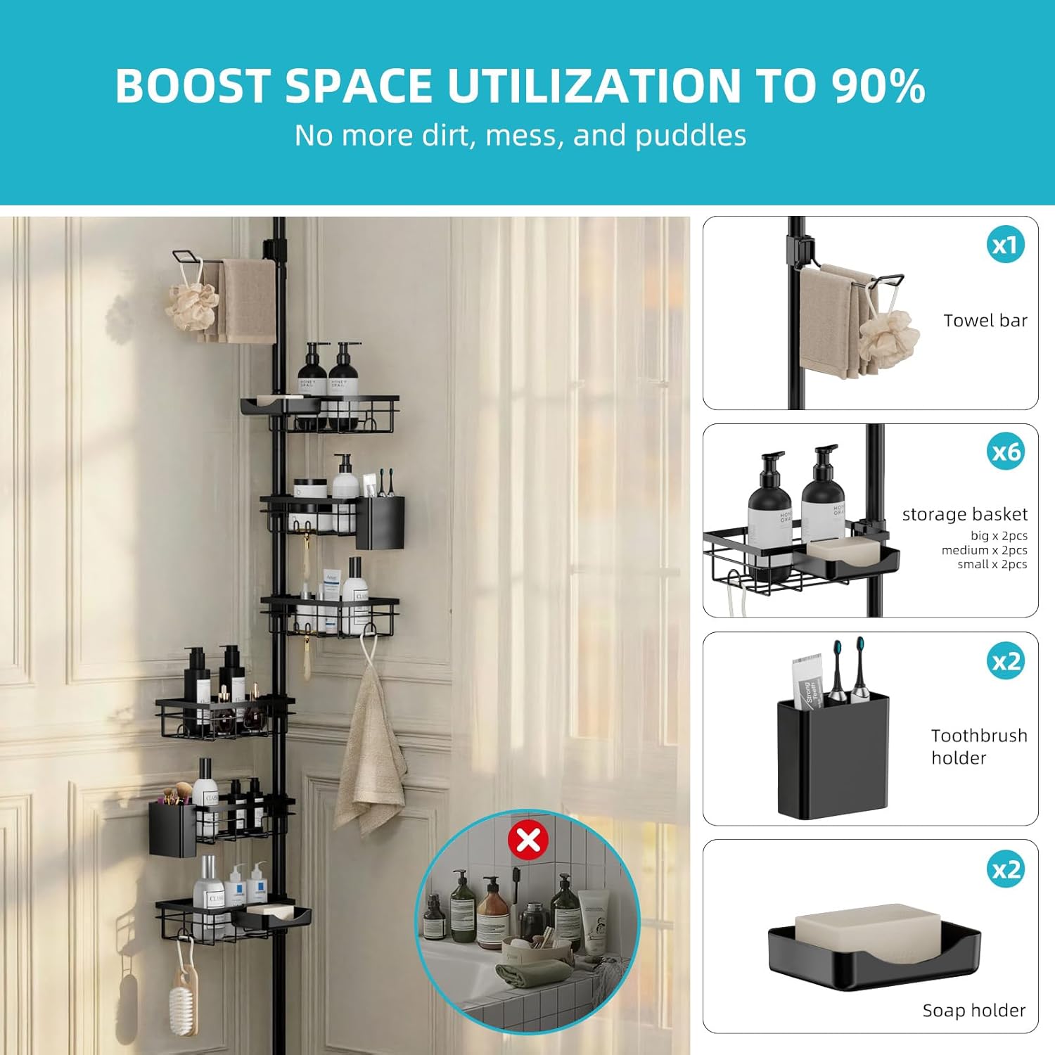 Corner shower storage pole, six-tier bathroom storage rack, height adjustable 30-120 inches, black carbon steel, with toothbrush cup, soap dish, towel storage pole, razor holder, hooks.
