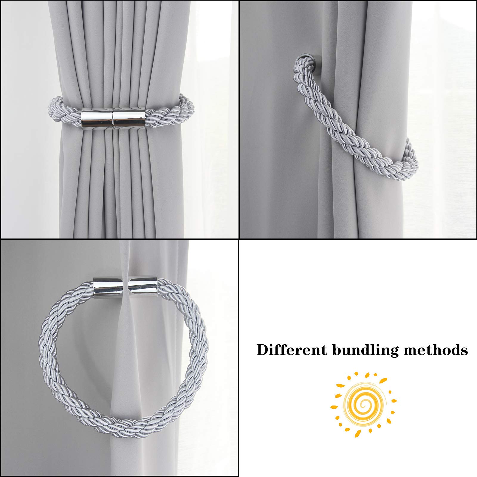 Lot de 6 embrasses de rideaux magnétiques solides - Gris - 50 cm - Attaches pratiques pour rideaux fins ou épais avec crochets en métal - Légèrement lourdes
