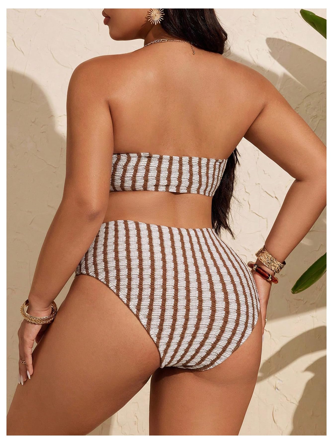Women's Plus Size 2 Piece High Waist Bikini Set Striped Bandeau Top Tummy Control Bathing Suits Swimwear(Brown,Large Plus)