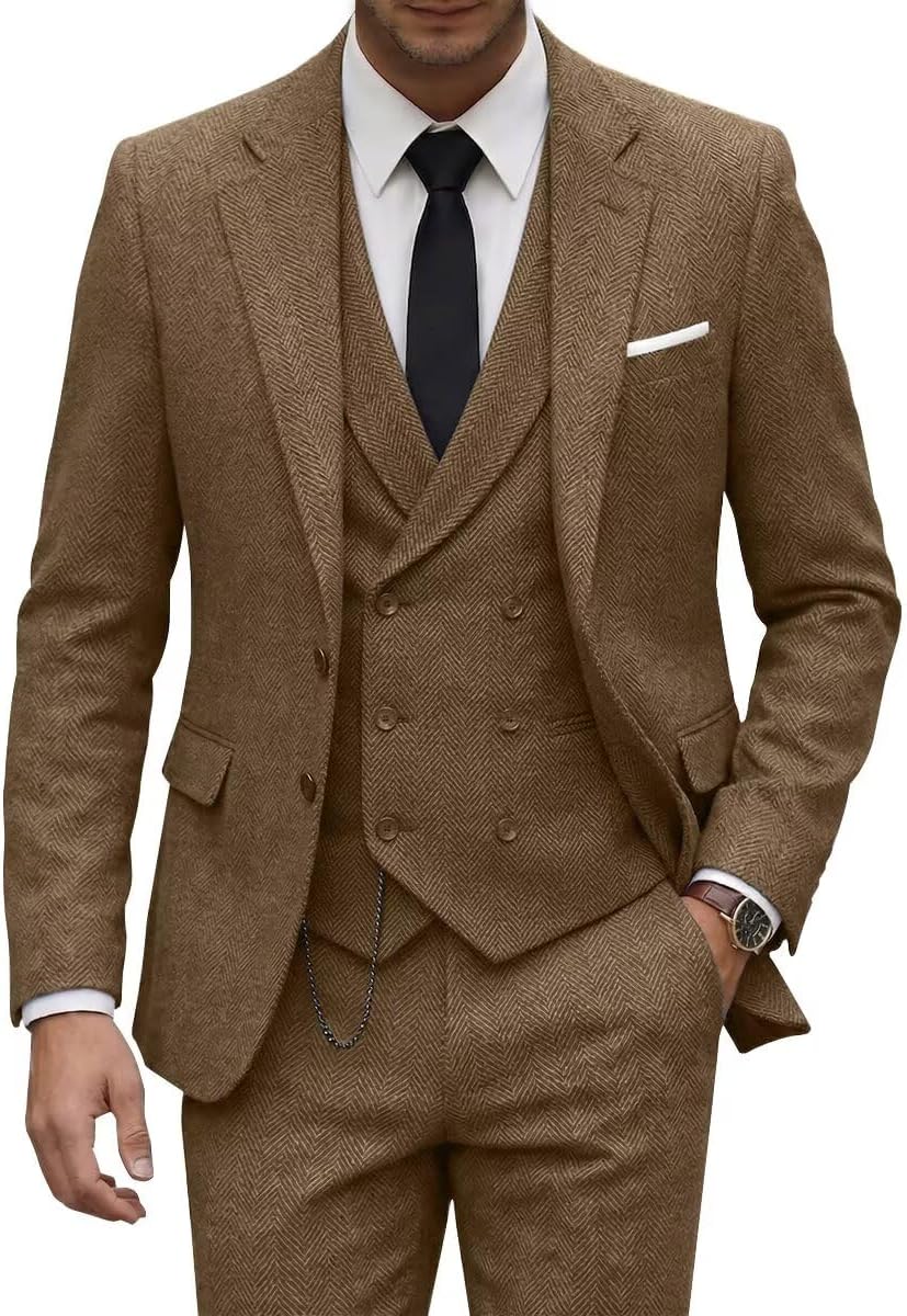Tweed Herringbone Suit for Men Wool Suits Retro Mens 3 Piece Slim Fit Blazer Jacket Vest Pants Tuxedo Set for Groomsmen Prom