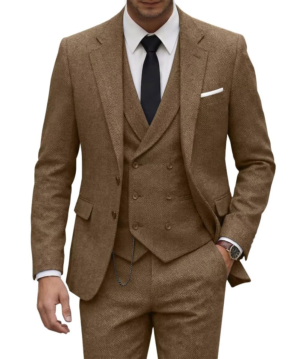 ciwolce Tweed Herringbone Suit for Men Wool Suits Retro Mens 3 Piece Slim Fit Blazer Jacket Vest Pants Tuxedo Set for Groomsmen Prom-picture-15