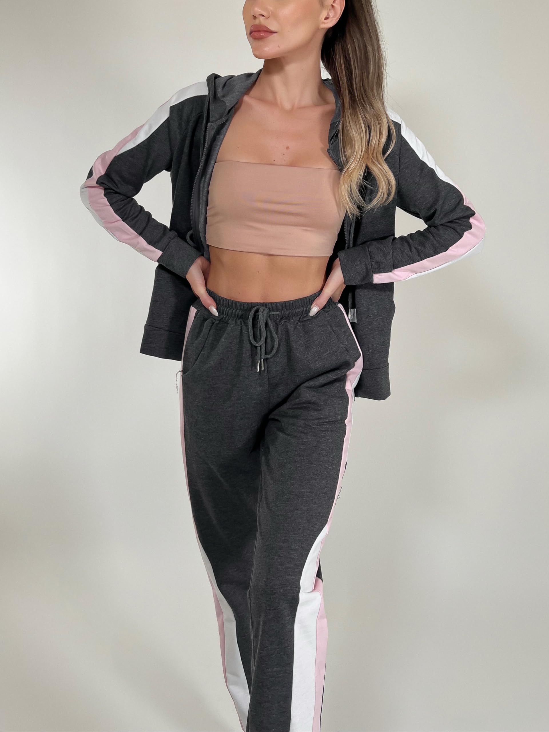 Litherday Jogginganzug Damen Lang Freizeitanzug Baumwolle Trainingsanzug Damen Streifen Sportanzug Fitnessanzug mit Taschen