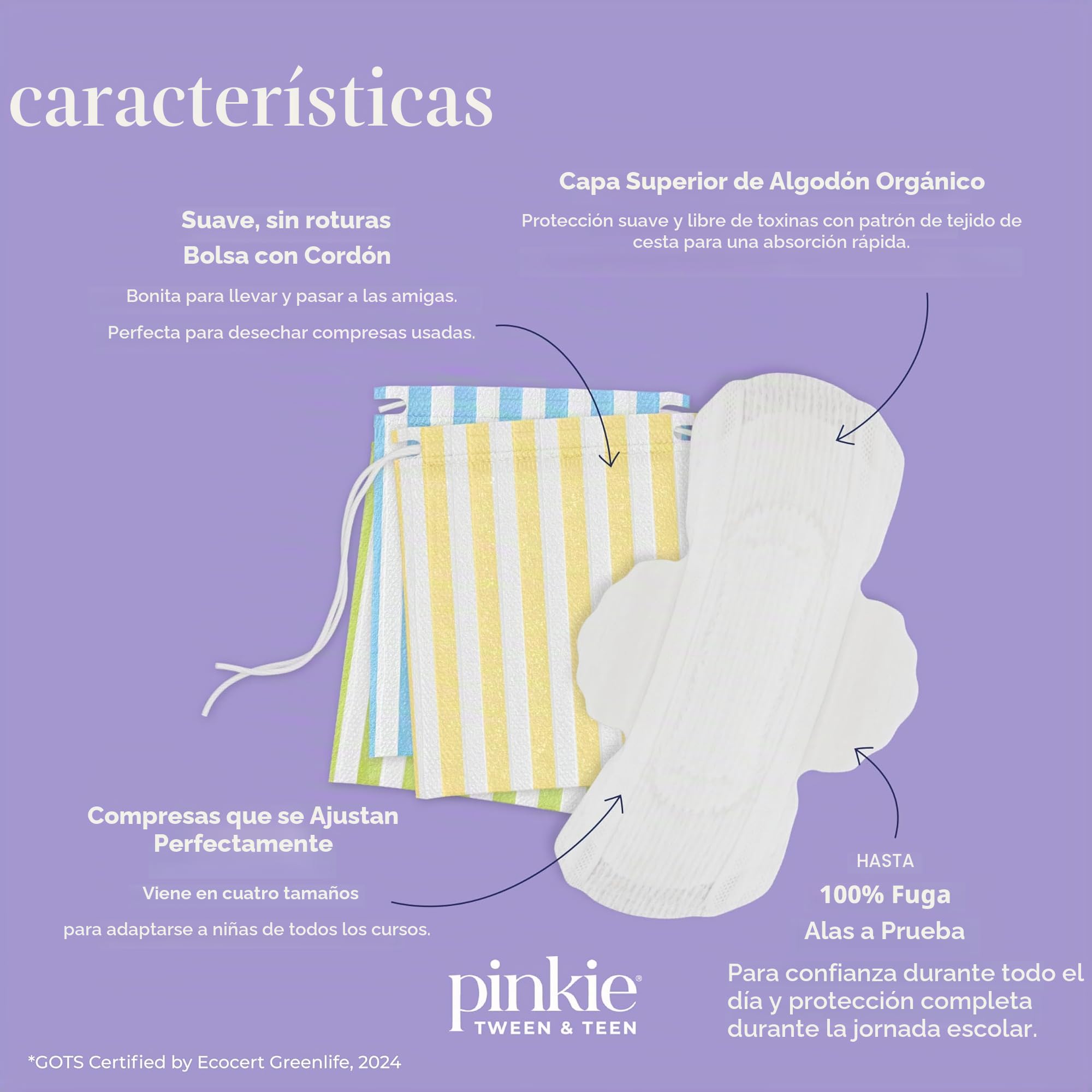 Pinkie - Almohadillas de iniciación para la menstruación – Diseñadas para ropa interior más pequeña – Almohadillas de algodón orgánico para adolescentes y adolescentes con alas – Sin cloro y sin