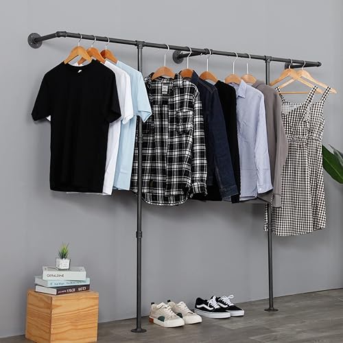 Vista 30 de Perchero industrial de tubería, resistente montado en la pared, barra de ropa de hierro negro, estante de exhibición minorista, organizador de ropa
