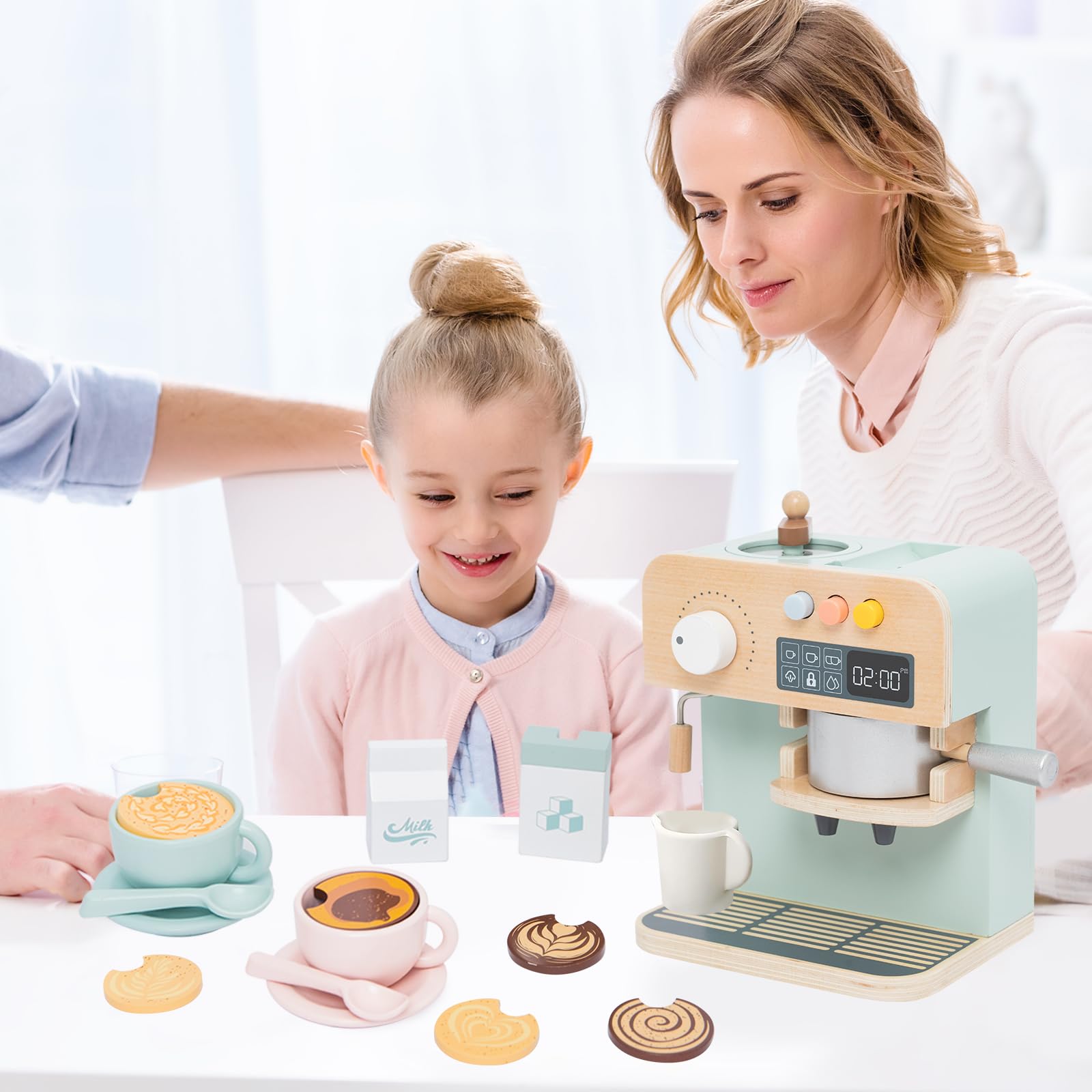 Kinder Kaffeemaschine Spielset, 23PCS hölzerne Küche Spielzeug, Spielen Küche Zubehör für Kleinkinder, Espressomaschine Spielset, Geschenk für Jungen und Mädchen 3 4 5 Jahre