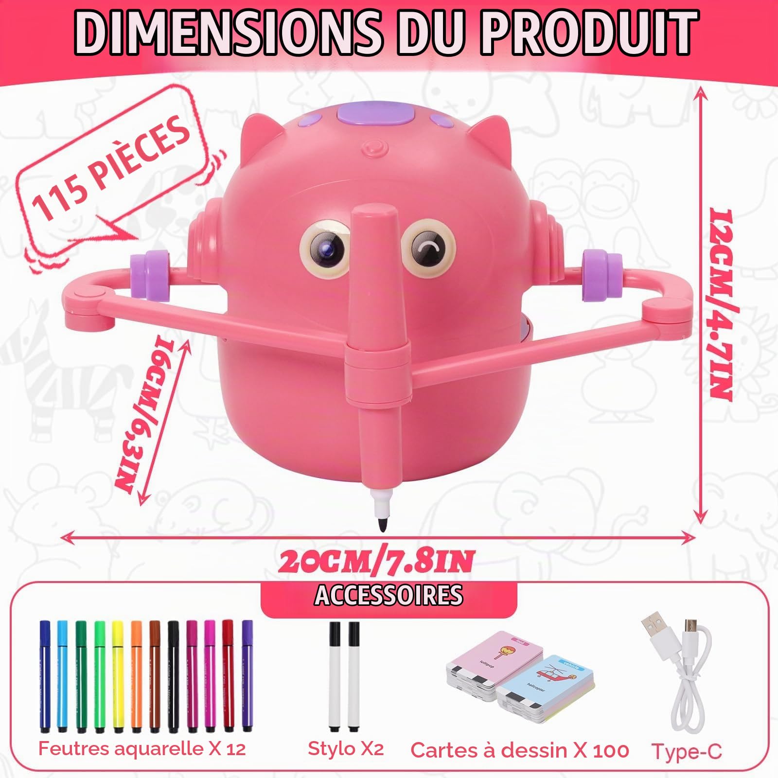Robot Dessinateur Enfant, Robot de Dessin pour Enfants avec Guide Vocal, 14 Stylos et 100 Cartes, Robots Qui Dessine Tout Seul, Aide Les Enfants à Apprendre à Dessiner, Jouet éducatif Interactif(Rose)