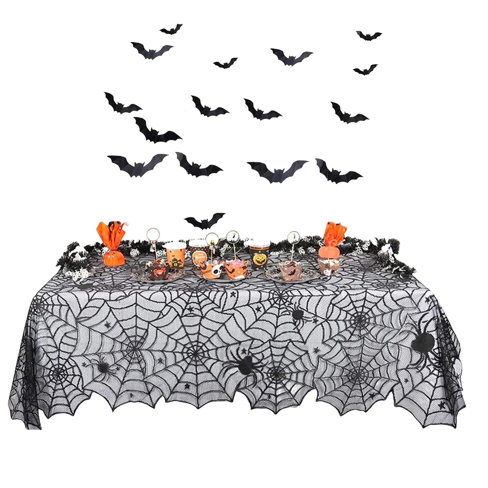 137*183cm Halloween Party Tablecloth Decoration with Bats Wall Sticker DIY 3D Decorative Bats 16 Pieces,Halloween Spider Web Table cloth for Halloween Decor Outdoor Yard Party House Props Decor