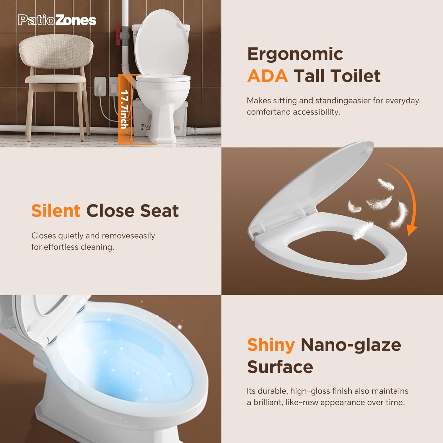 36ft Macerating Toilet System, Upflush Toilet with Grinder Pump for Basement, Copper Motor, Two-Piece ADA Tall Toilet, Heated Seat Cover/Bidet Attachment/Extension Pipe Included, Quite Operation