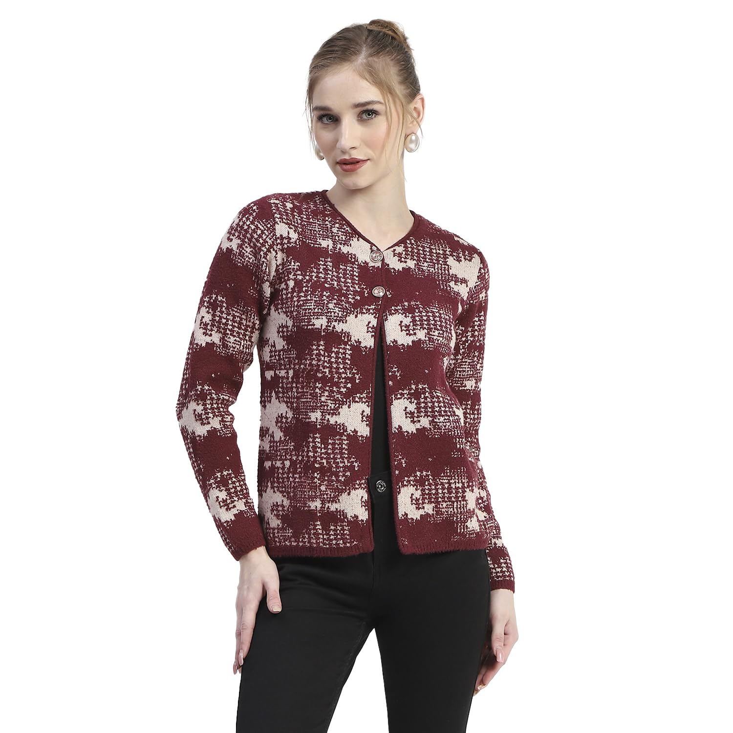 madame Abstract Print Wine Red Button Down Cardigan-picture-13