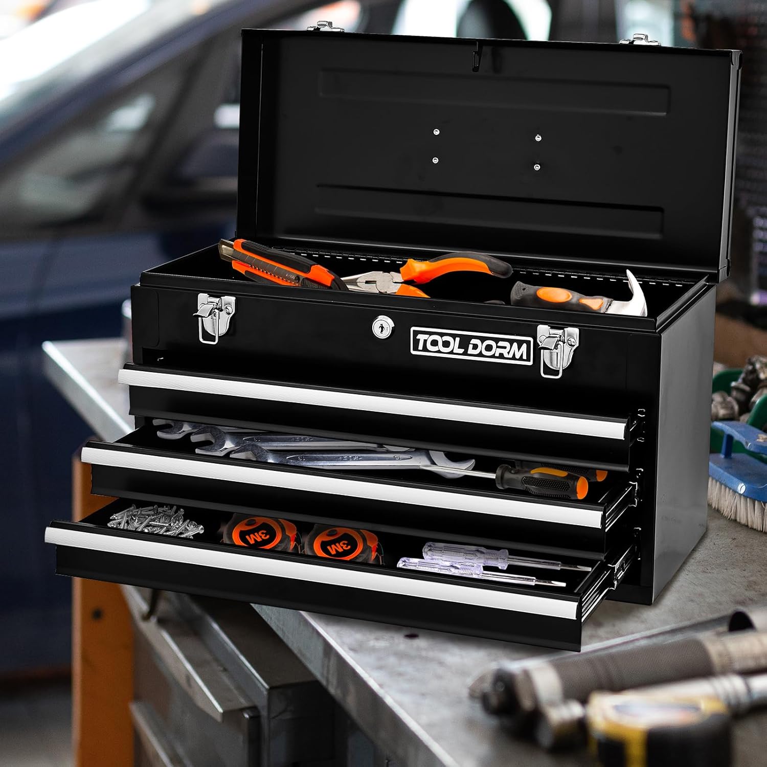 20.3“ Metal Tool Box with Drawers Portable Steel Tool Chest with Metal Cylinder Lock and Latch Closure, Black Powder coating, suitable for Garage, Warehouse and Outdoor Repair job (Black), TB0001