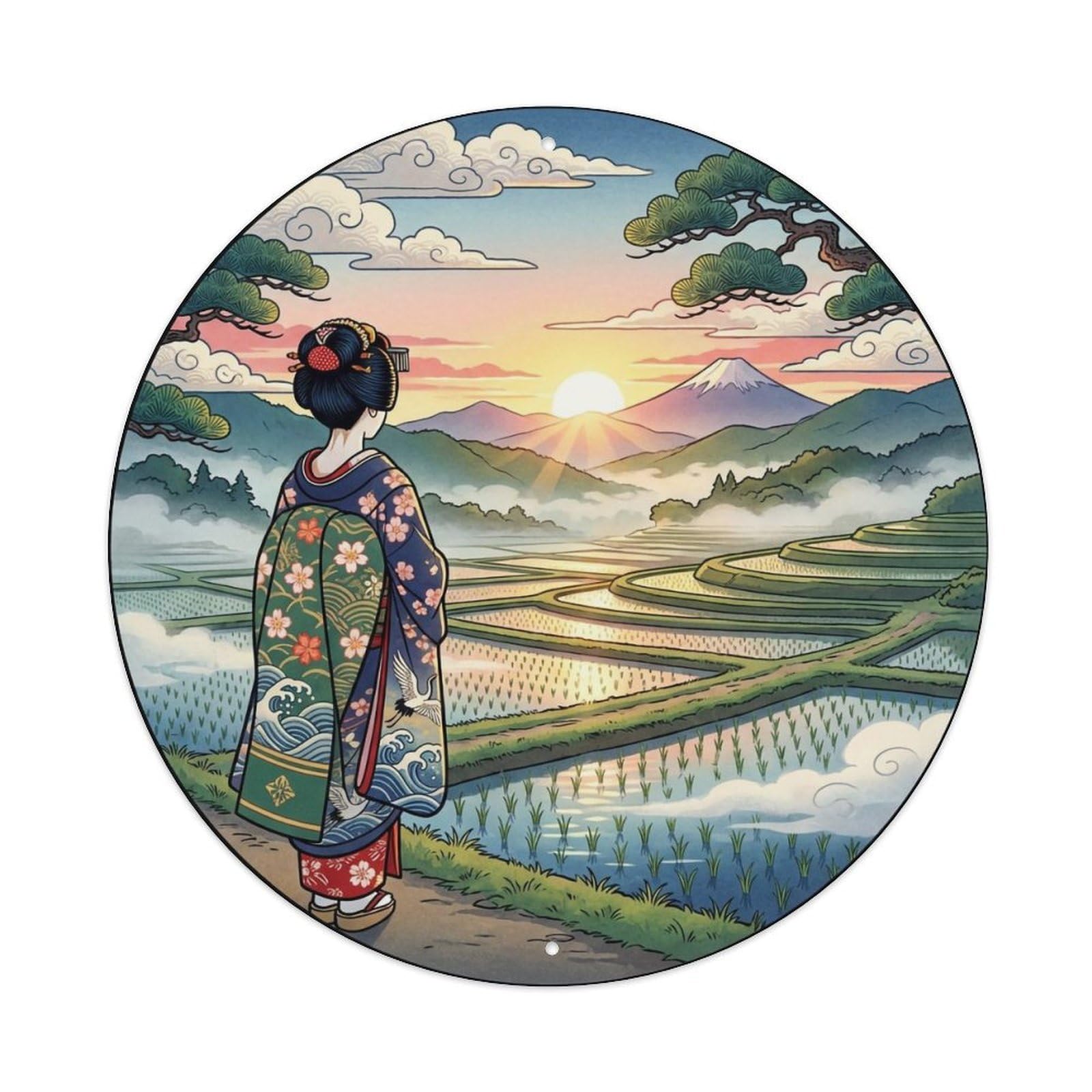 Yrnq 8X8inch Vintage Style Japanese Morning Light Rice Field Geisha Metal Tin Sign