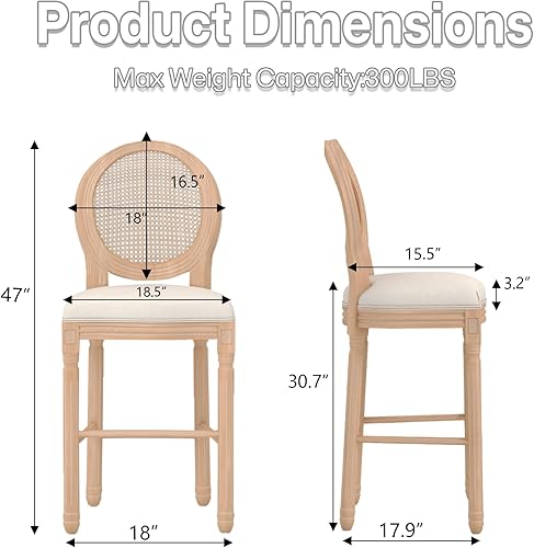 Miniatura 3 de KCC Taburetes de bar de altura de bar, taburetes de bar de madera de campo francés con asientos tapizados, sillas de bar de 29 pulgadas con marco de