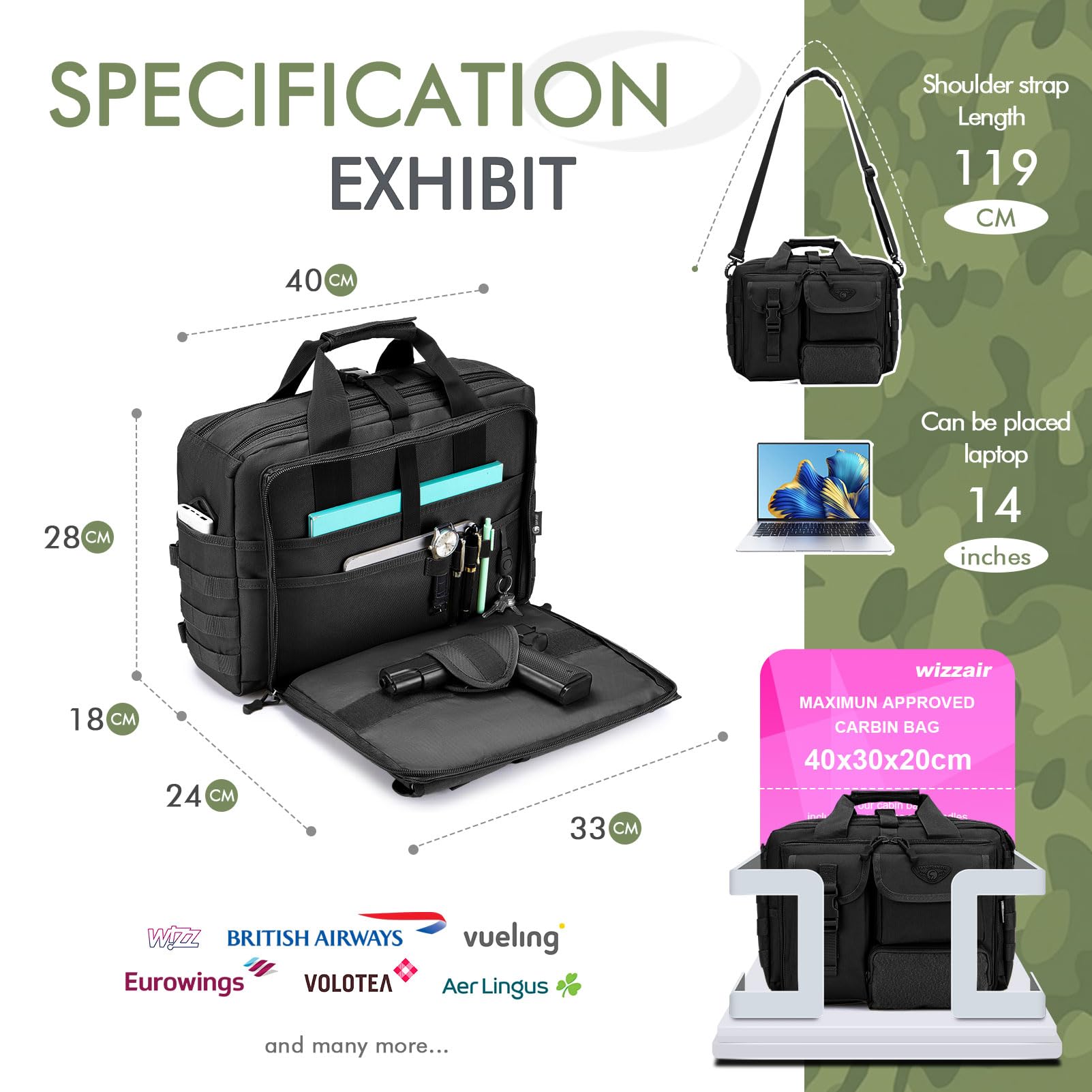 BAGZY Briefcase per Laptop 15.6-17.3 pollici - Borsa Militare Tattica - Dettaglio