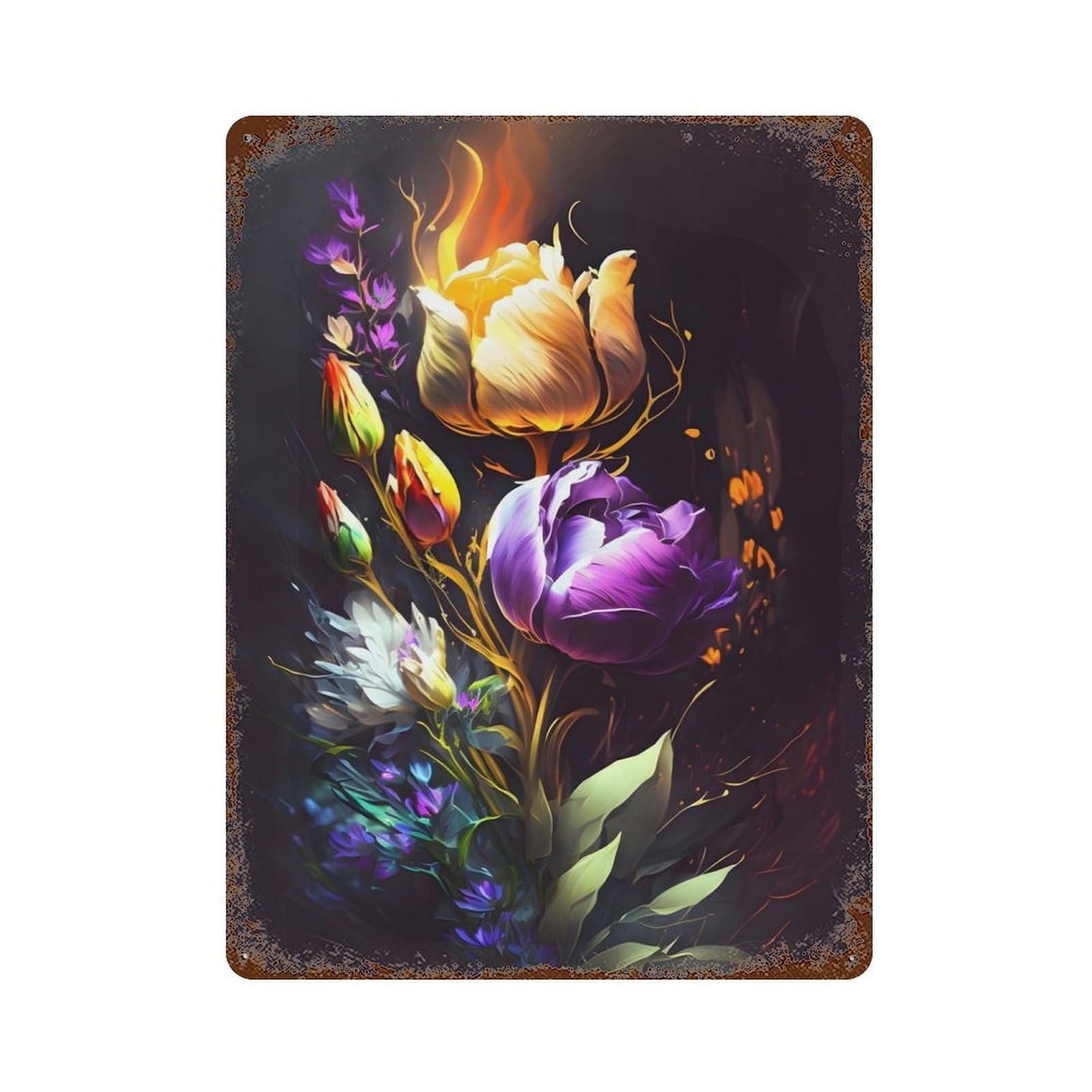 Colorful Flowers Blossoms Decorative Tin Sign 15.7"x11.8", for Bistro, Counter And Cafe Decor, Retro Wall Decor