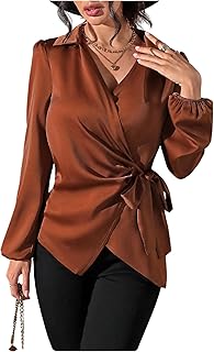 Women's Wrap Satin Blouse Tie Knot Bishop Long Sleeve Elegant Business W...